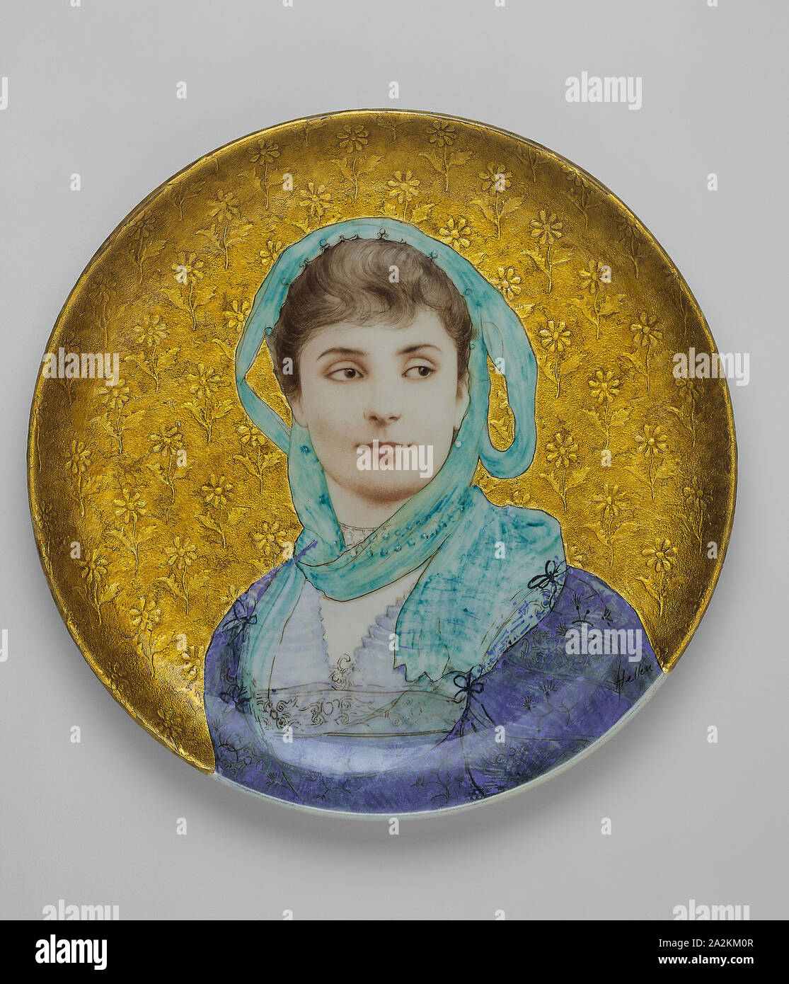 Circular Plaque, 1880/87, Made by Théodore Deck, French, 1823-1891, Painted by Paul-Cesar Helleu, French, 1859-1927, France, Tin-glazed earthenware, polychrome enamels, and gilding, Diam. 60.3 cm (23 3/4 in Stock Photo