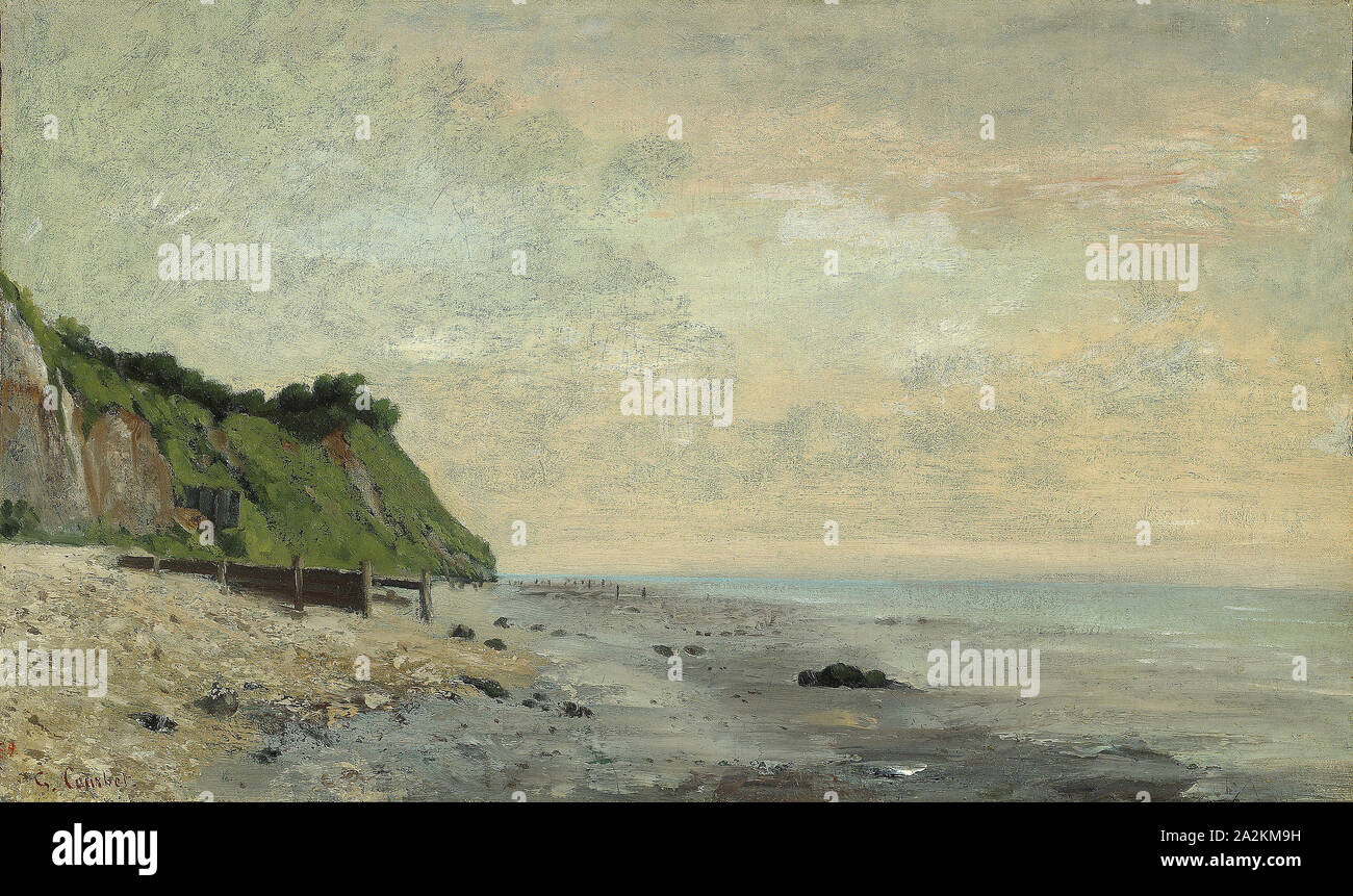 Cliffs on the Sea Coast: Small Beach, Sunrise (Falaise au bord de la mer, vu Petite Plage, soleil levant), 1865, Gustave Courbet, French, 1819-1877, France, Oil on canvas, 35.9 × 60 cm (14 1/8 × 23 1/2 in Stock Photo