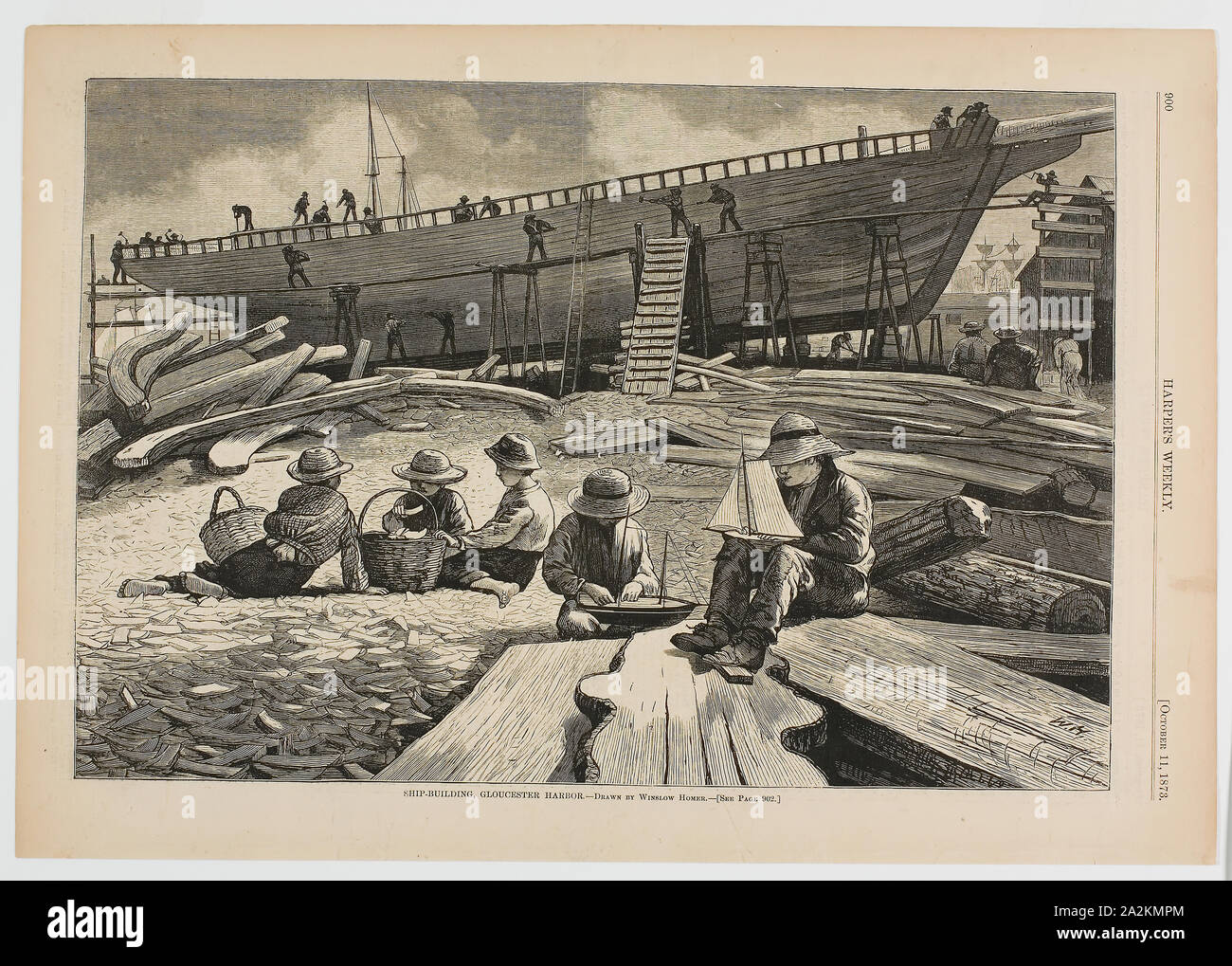 Ship Building, Gloucester Harbor, published October 11, 1873, Winslow Homer (American, 1836-1910), published by Harper’s Weekly (American, 1857-1916), United States, Wood engraving on paper, 235 x 347 mm (image), 280 x 401 mm (sheet Stock Photo