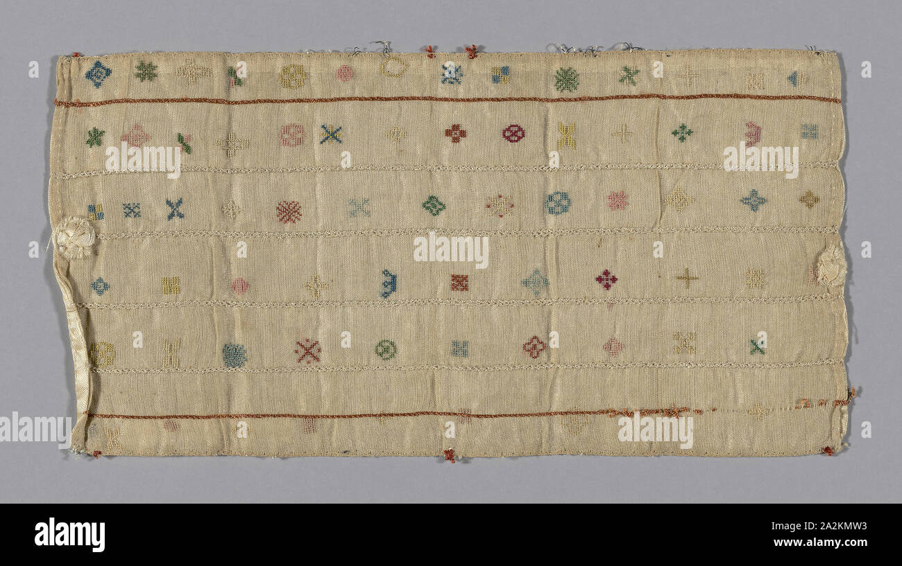 Band, 19th century, England, Cotton, plain weave, embroidered with silk in chain and cross stitches, backed with silk, weft-float faced 4:1 satin weave, bow of silk, weft-float faced 4:1 satin weave, 11.2 × 22.2 cm (4 1/2 × 8 3/4 in Stock Photo