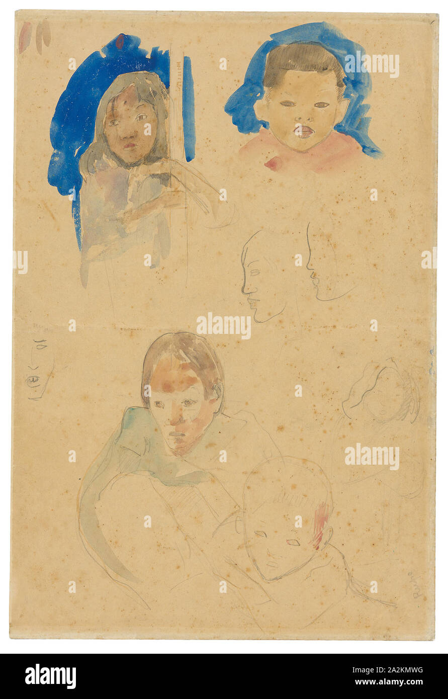 Sketches of Figures and Animals from Tahiti, 1891/93, Paul Gauguin, French, 1848-1903, France, Graphite and blue gouache, with pen and pale yellow ink (originally purple) and watercolor (recto), graphite, over pen and pale yellow ink (originally purple) and watercolor (verso), on cream wove paper, discolored to tan (removed from a sketchbook), 320 × 217 mm Stock Photo