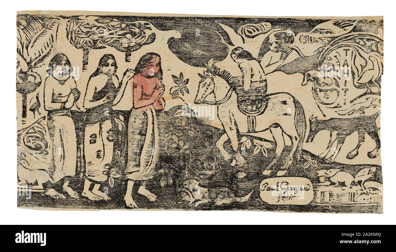 Change of Residence, from the Suite of Late Wood-Block Prints, 1899, Paul Gauguin, French, 1848-1903, France, Wood-block print in black ink, with touches of red and black watercolor, on cream wove paper, 162 × 305 mm (image), 165 × 305 mm (sheet Stock Photo