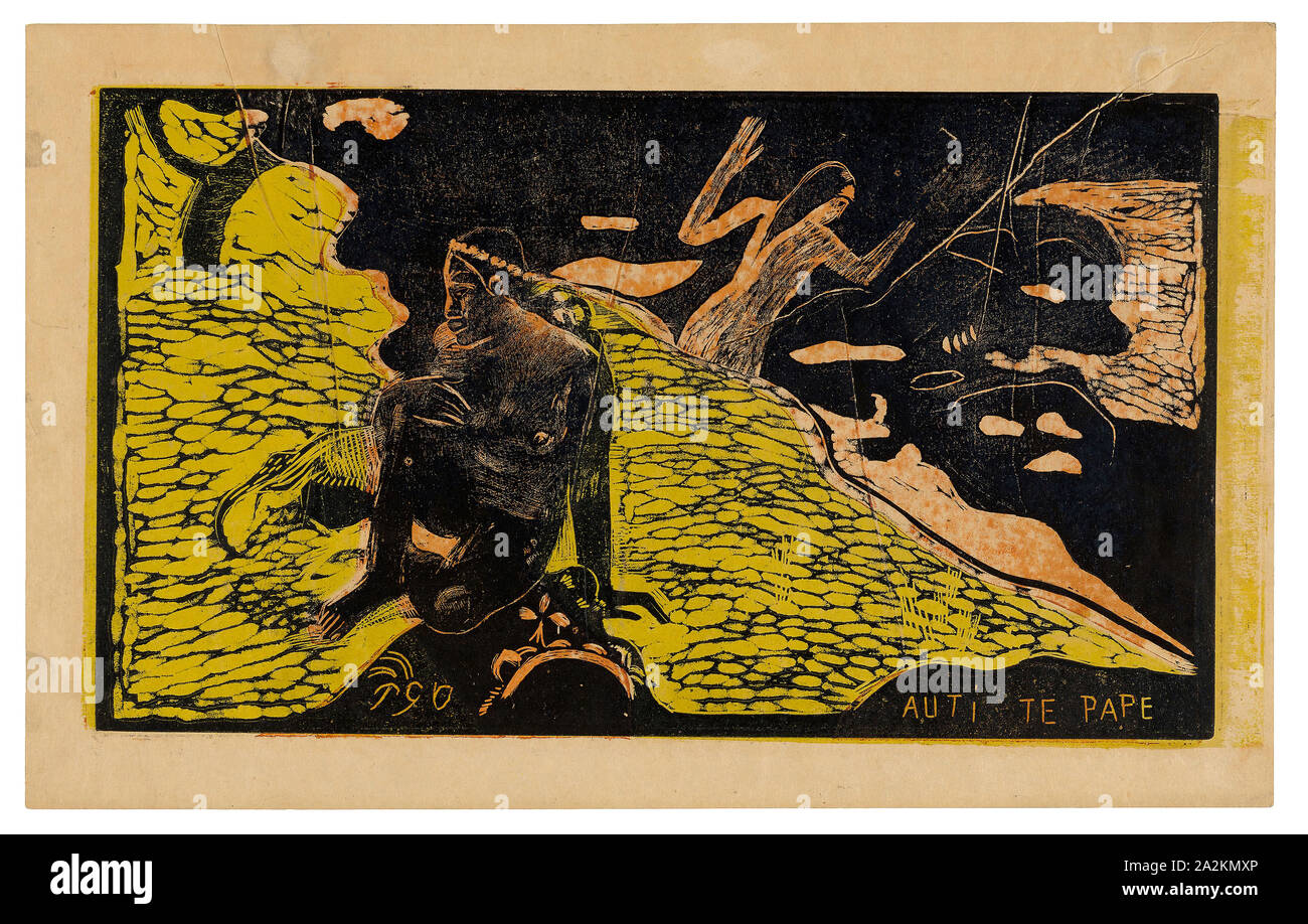 Auti te pape (Women at the River), from the Noa Noa Suite, spring/summer 1894, Paul Gauguin (French, 1848-1903), printed in collaboration with Louis Roy (French 1862-1907), France, Wood-block print in black ink, over stenciled red ink and a yellow ink tone block, on cream wove paper (an imitation Japanese vellum), 208 × 377 mm (image), 250 ×397 mm (sheet Stock Photo