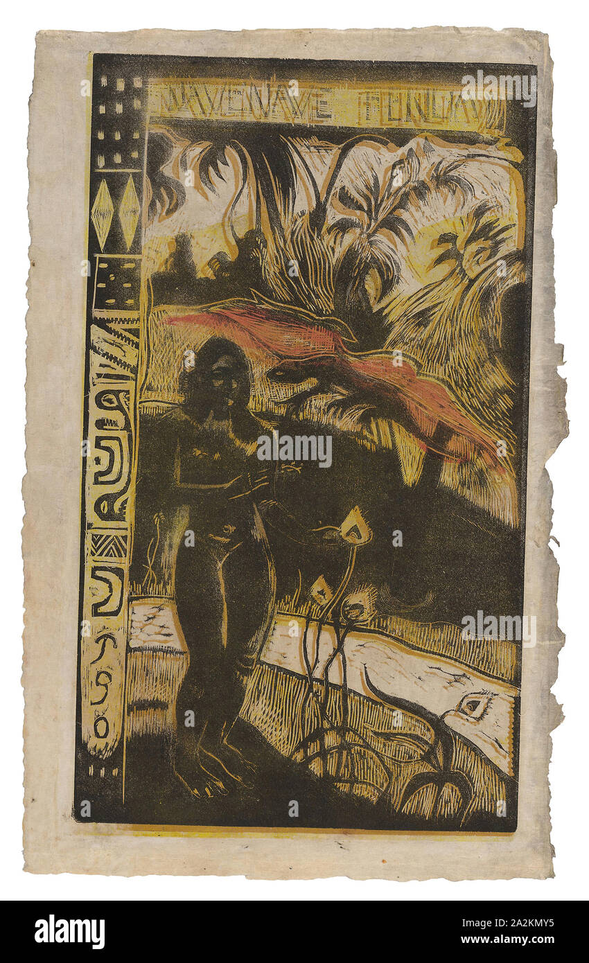 Nave nave fenua (Delightful Land), from the Noa Noa Suite, 1893–94, Paul Gauguin, French, 1848-1903, France, Wood-block print, printed twice in yellow ocher and black inks, over a yellow ink tone block, and stenciled red oil medium, on cream Japanese paper discolored to a grayish tone, 359 × 207 mm (image), 392 × 250 mm (sheet Stock Photo