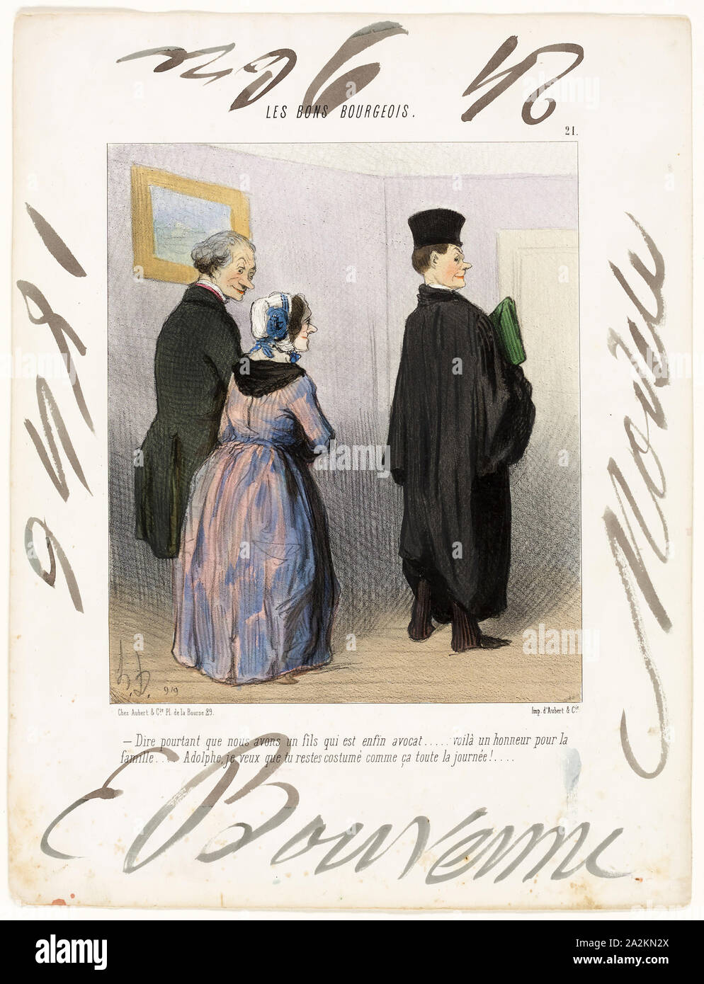 Isn’t it marvellous to have a son who is a lawyer… what an honour for the family… Adolph, I want you to remain dressed like that all day long!…, plate 21 from Les Bons Bourgeois, 1846, Honoré Victorin Daumier (French, 1808-1879), model by Édouard Bouvenne (French, active 19th century), France, Lithograph, with watercolor, heightened with gum arabic on ivory wove paper, 250 × 198 mm (image), 359 × 273 mm (sheet Stock Photo