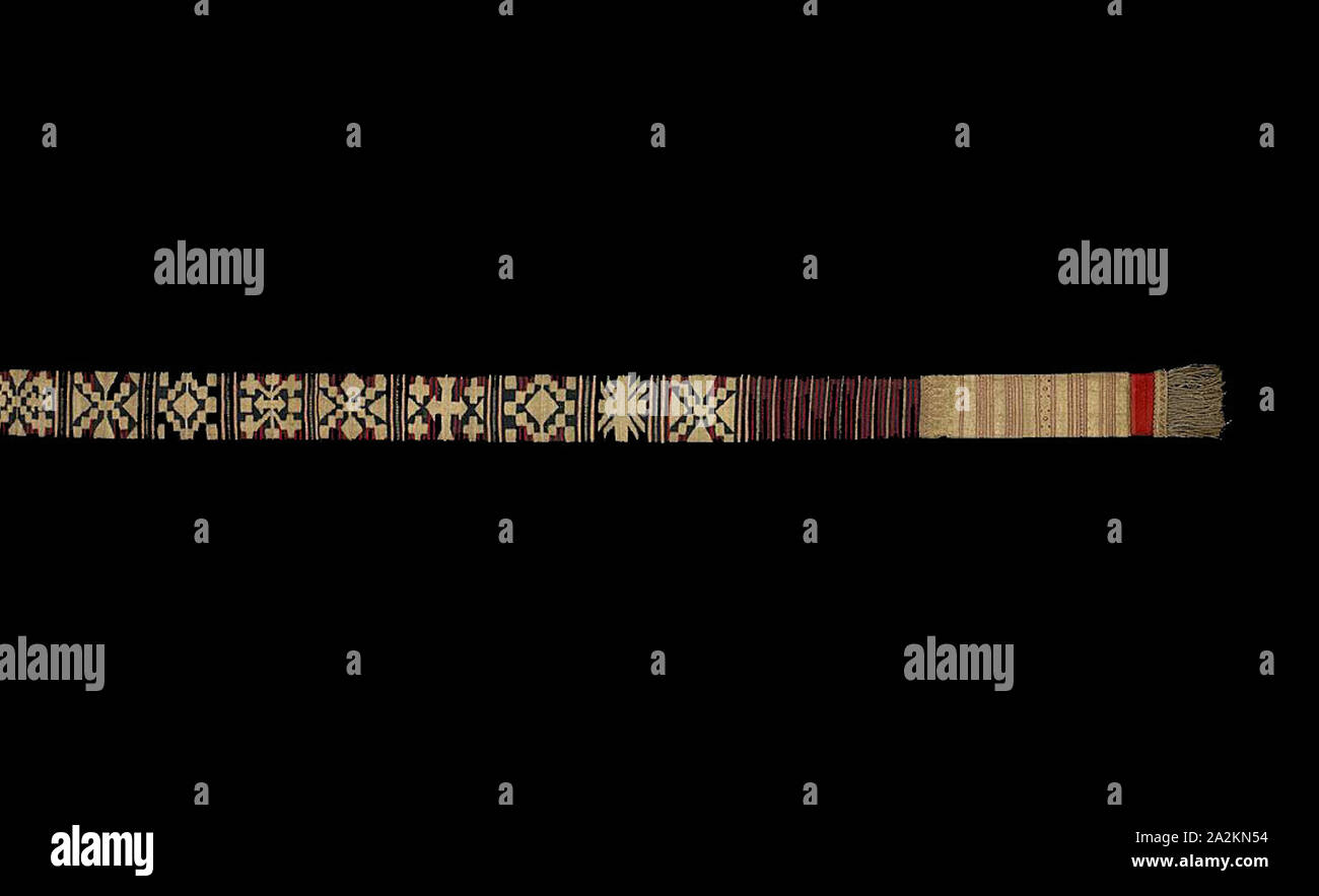 Ceremonial Waist Sash (ikak pinggang), 19th century, Minangkabau people, Indonesia, West Sumatra, Solok village, Sumatra, Cotton, silk, and gilt-metal-strip-wrapped cotton, bands of plain weave, plain weave with supplementary patterning wefts, and bands of interlocking tapestry weave, ends of wool, plain weave, fulled, underlaid with cotton, plain weave, embroidered with cotton and gilt-metal-strip-wrapped cotton in laidwork and paper padded couching, embellished with gold-colored-metal spangles, edged with tape of cotton and gilt-metal-strip-wrapped cotton, and gilt-metal strip, plain weave Stock Photo