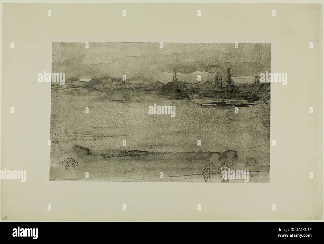 Early Morning, 1878, James McNeill Whistler, American, 1834-1903, United States, Lithotint with scraping, on a prepared half-tint ground, in black on cream wove proofing paper, 165 x 269 mm (image), 256 x 379 mm (sheet Stock Photo