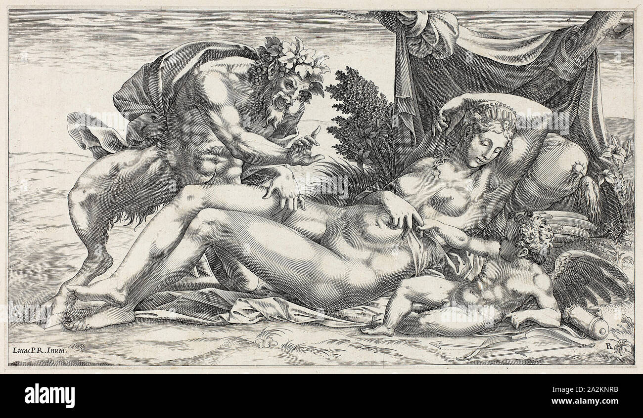 Jupiter and Antiope, 1550/59, René Boyvin (French, c. 1525-after 1580), after Luca Penni (Italian, 1500/04-1557), France, Engraving on ivory laid paper, edge-mounted to ivory laid paper, 162 × 286 mm (image), 166 × 288 mm (sheet), 252 × 367 mm (secondary support Stock Photo