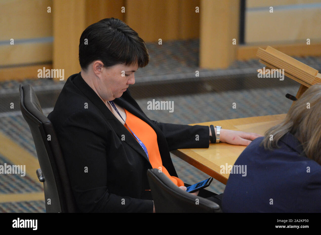 Edinburgh, UK. 03rd Oct, 2019. Edinburgh, 3 October 2019. Pictured: Ruth Davidson MSP - Former Conservative Party Leader at the Scottish Parliament during the weekly session of First Ministers Questions. Credit: Colin Fisher/Alamy Live News Stock Photo