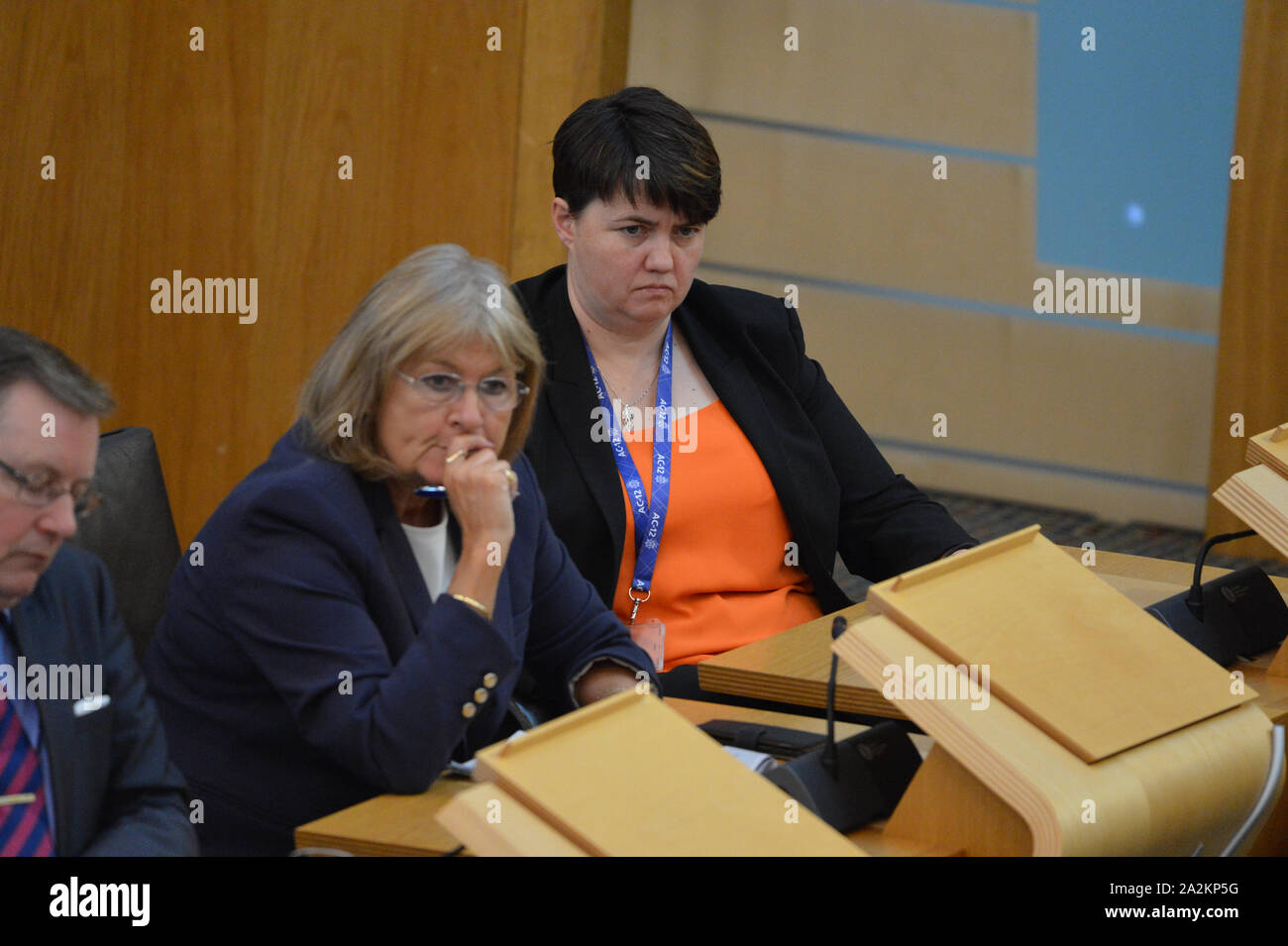 Edinburgh, UK. 03rd Oct, 2019. Edinburgh, 3 October 2019. Pictured: Ruth Davidson MSP - Former Conservative Party Leader at the Scottish Parliament during the weekly session of First Ministers Questions. Credit: Colin Fisher/Alamy Live News Stock Photo