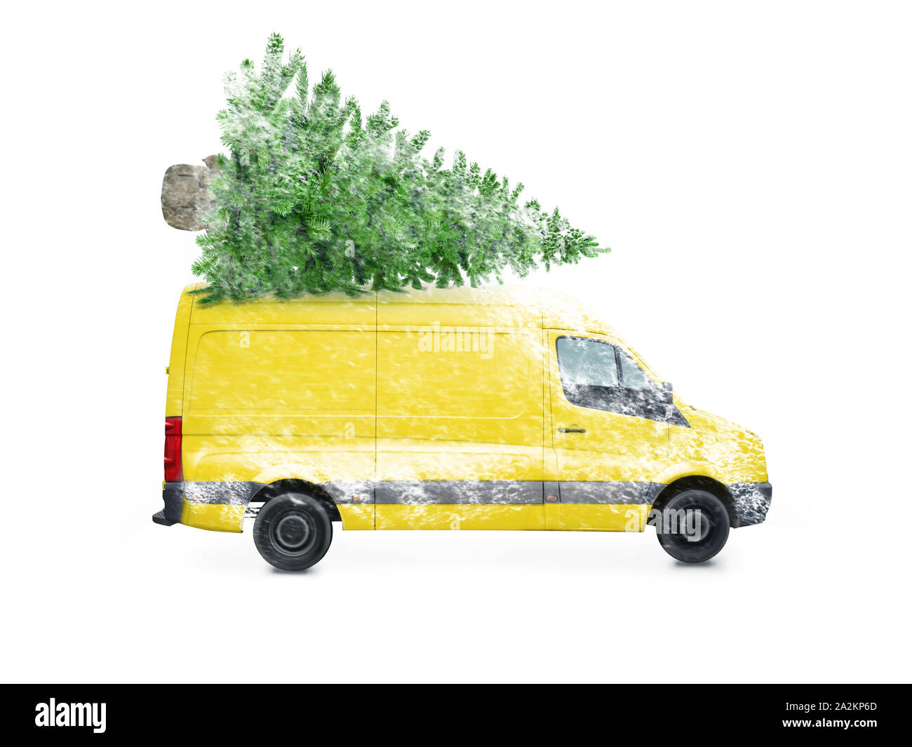Driving delivery car with a christmas tree on the roof isolated on