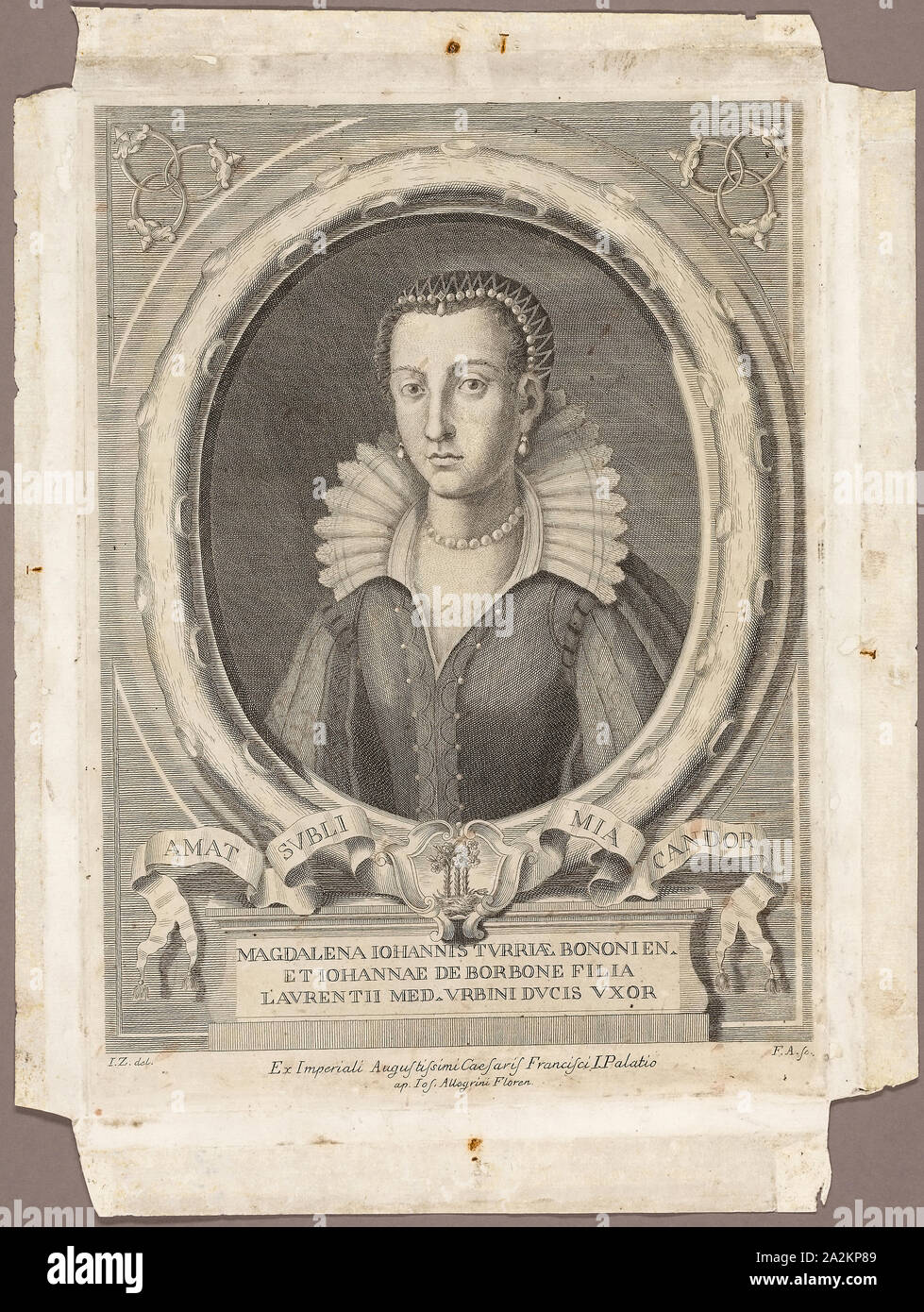 Madeleine de la Tour d’Auvergne, published 1761, F.A. (German?, active 18th century), after I.Z. (German?, active 18th century), published by Giuseppe Allegrini, Florence, 1761, Germany, Engraving on ivory laid paper, 354 × 256 mm (plate), 418 × 314 mm (sheet Stock Photo