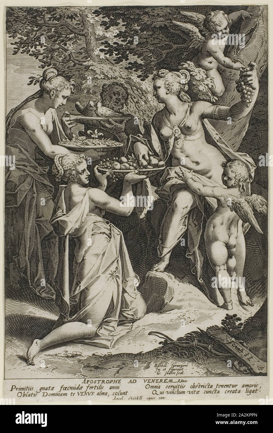 Venus Receiving Gifts, c. 1588, Aegidius Sadeler (Flemish, 1570-1629), after Bartholomaeus Spranger (Flemish, 1546-1611), Flanders, Engraving in black on ivory laid paper, 278 × 186 mm (image/sheet, sight), cut within platemark Stock Photo