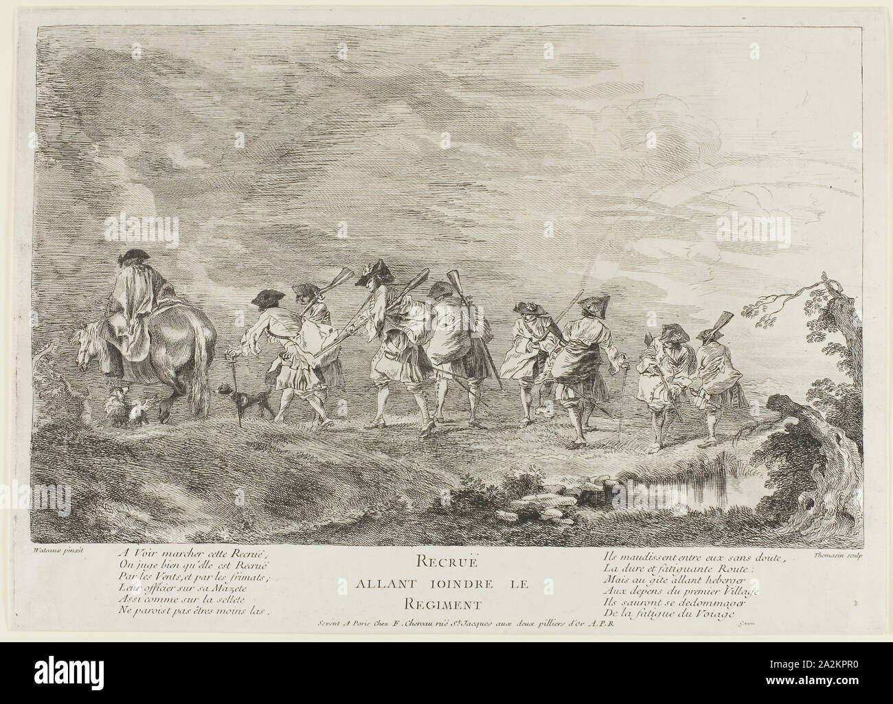 Recruits Going to Join the Regiment, 1717–26, Henri-Simon Thomassin (French, 1687-1741), after Antoine Watteau (French 1684-1721), published by François Chéreau (French 1680-1729), France, Etching, with engraving on off-white laid paper, 208 × 334 mm (image), 248 × 349 mm (plate), 251 × 352 mm (sheet Stock Photo
