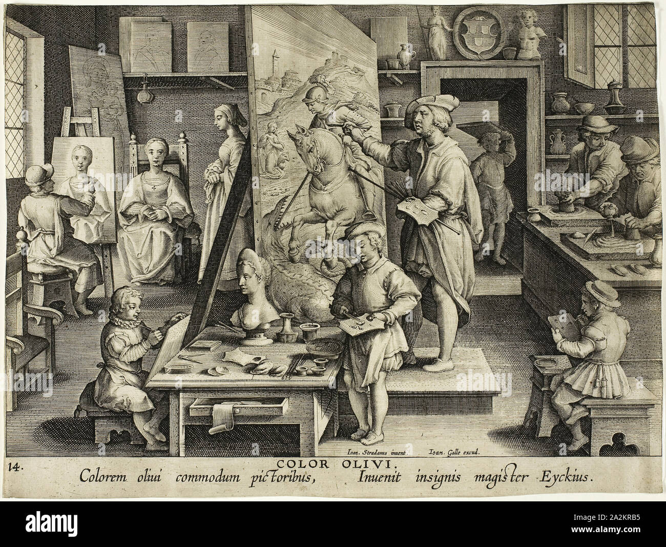The Invention of Oil Painting, c. 1591, Théodoor Galle (Flemish, 1571-1633), after Joannes Stradanus (Flemish, 1523-1605), Flanders, Engraving, with plate tone, in black on cream laid paper, 203 × 270 mm (image/sheet, trimmed within plate mark Stock Photo