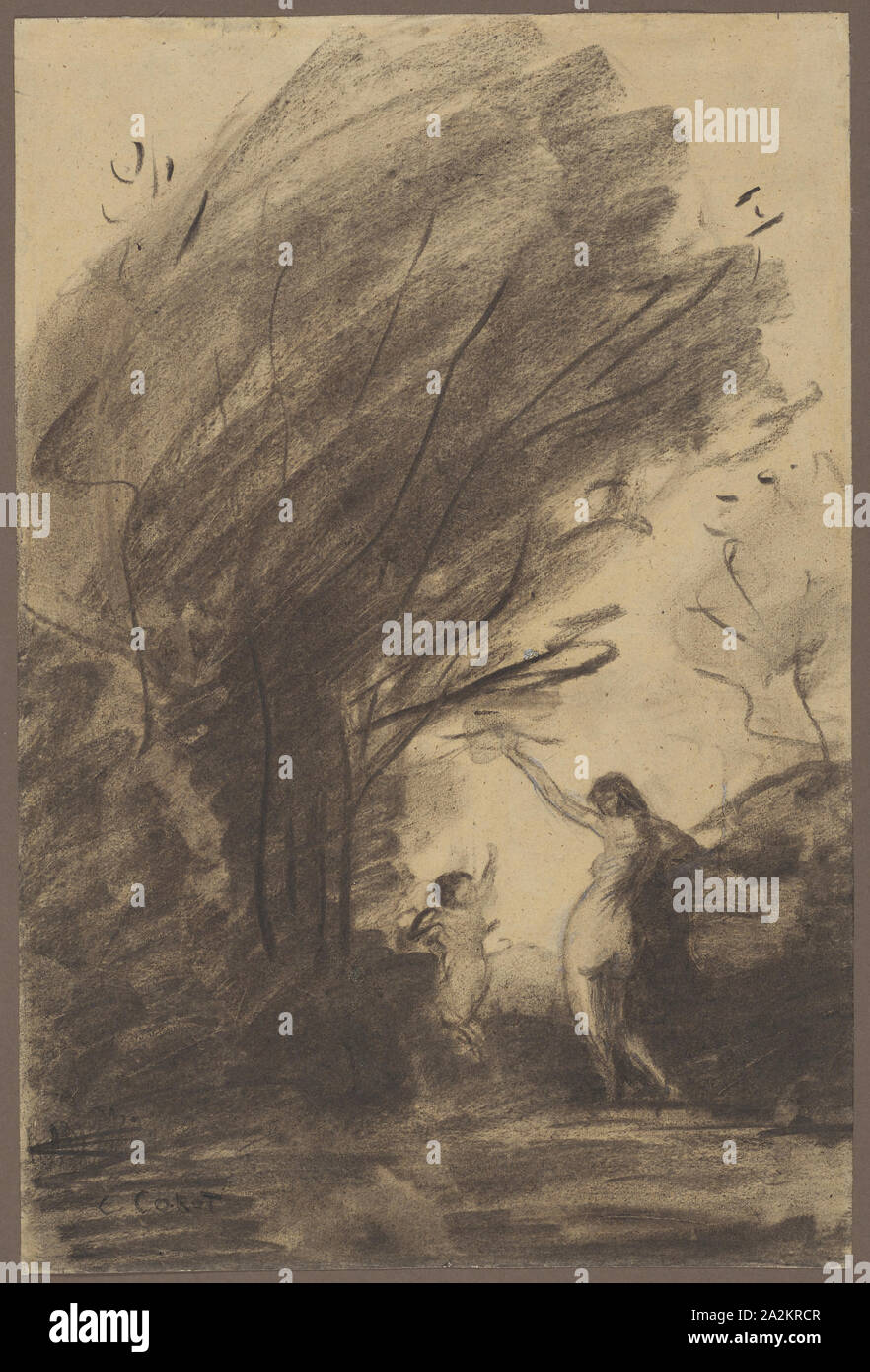 Venus Disarming Cupid, 1852/57, Jean-Baptiste-Camille Corot, French, 1796-1875, France, Charcoal, with stumping, scraping and erasing, heightened with white gouache, on dark cream wove paper with inclusions, 387 × 258 mm Stock Photo
