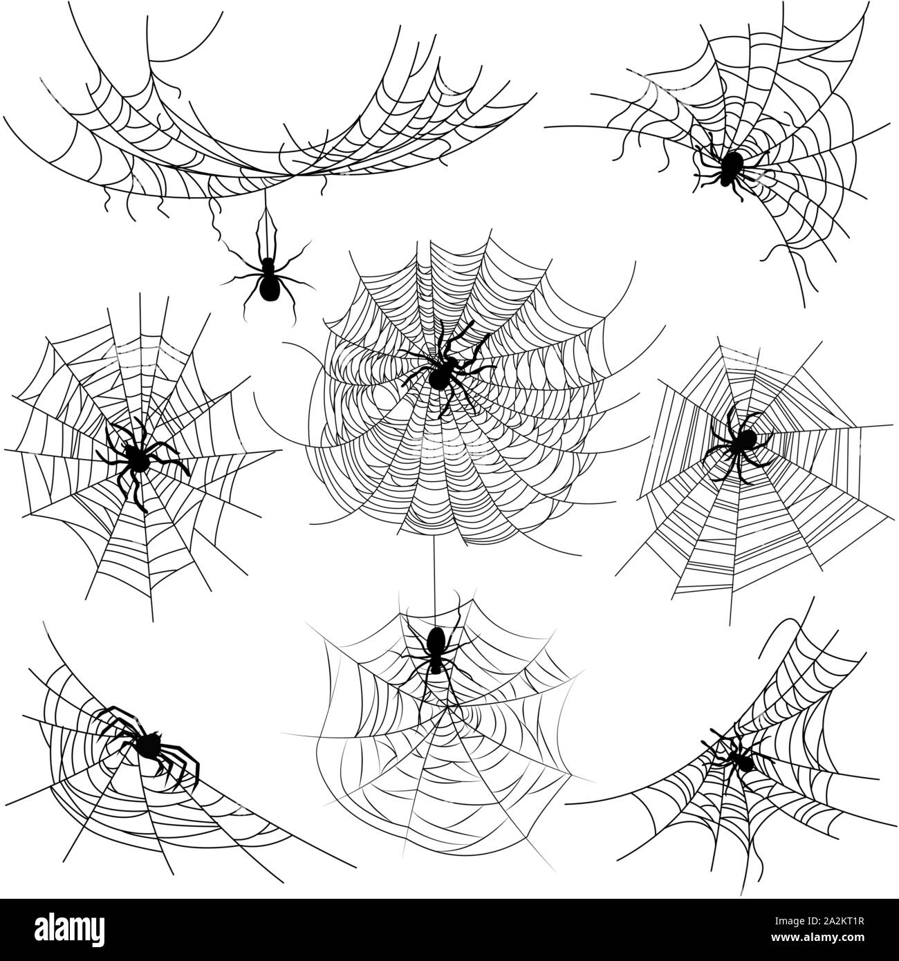 Set of spider web of different shapes with black spiders isolated Stock Vector