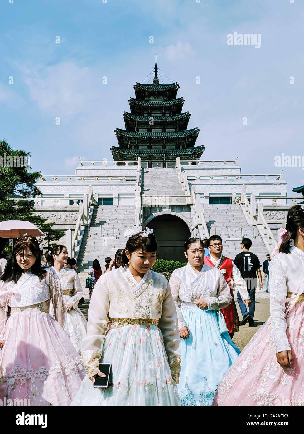 SEPT. 19 2019 SEOUL SOUTH KOREA Women wearing the traditional hanbok korean dresses walking in front of the National Museum in Seoul South Korea Stock Photo Alamy