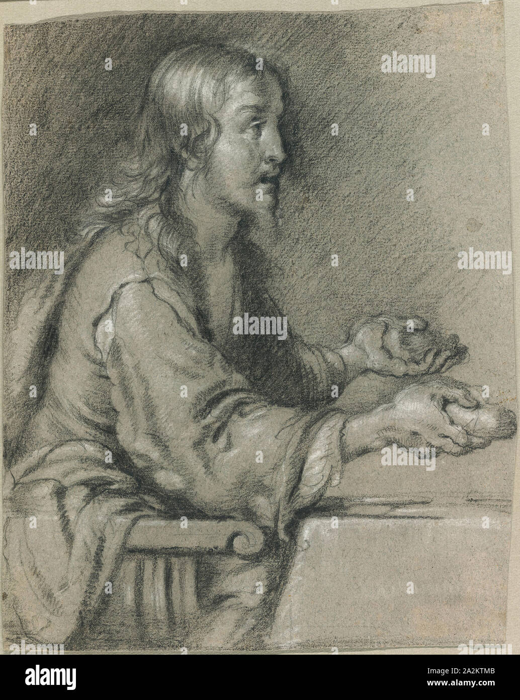 Christ at Emmaus Presenting the Bread, 1630/40, Bernardo Strozzi (Il Prete Genovese or Il Cappuccino), Italian, 1581-1664, Italy, Black chalk, heightened with white chalk, on gray laid paper with blue fibers, 302 x 242 mm Stock Photo