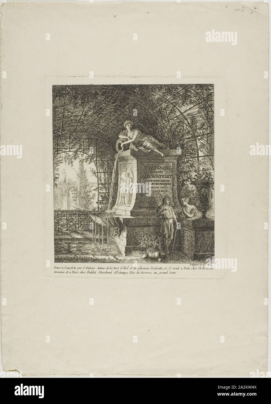 The Trellised Fountain, frontispiece from Paysages Dédiés à M. Warelet, 1764, Salomon Gessner, Swiss, 1730-1788, Switzerland, Etching on cream laid paper, 208 x 185 mm (plate), 391 x 275 mm (sheet Stock Photo
