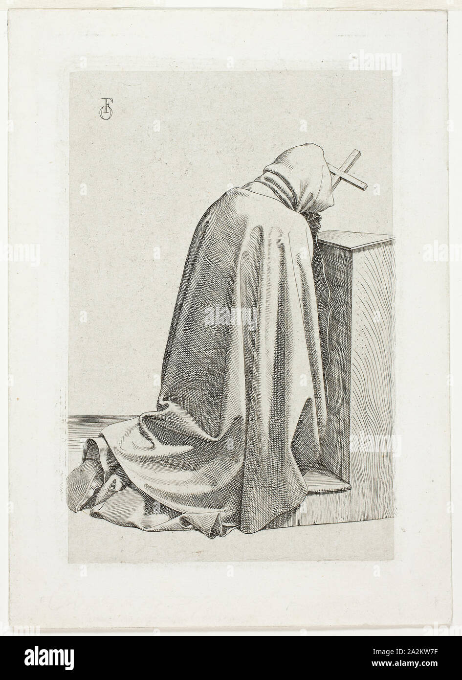 Kneeling Pilgrim with Cross and Book, 1826, Johann Friedrich Overbeck, German, 1789–1869, Germany, Etching on white wove paper, 113 x 75 mm (plate), 142 x 102 mm (sheet Stock Photo