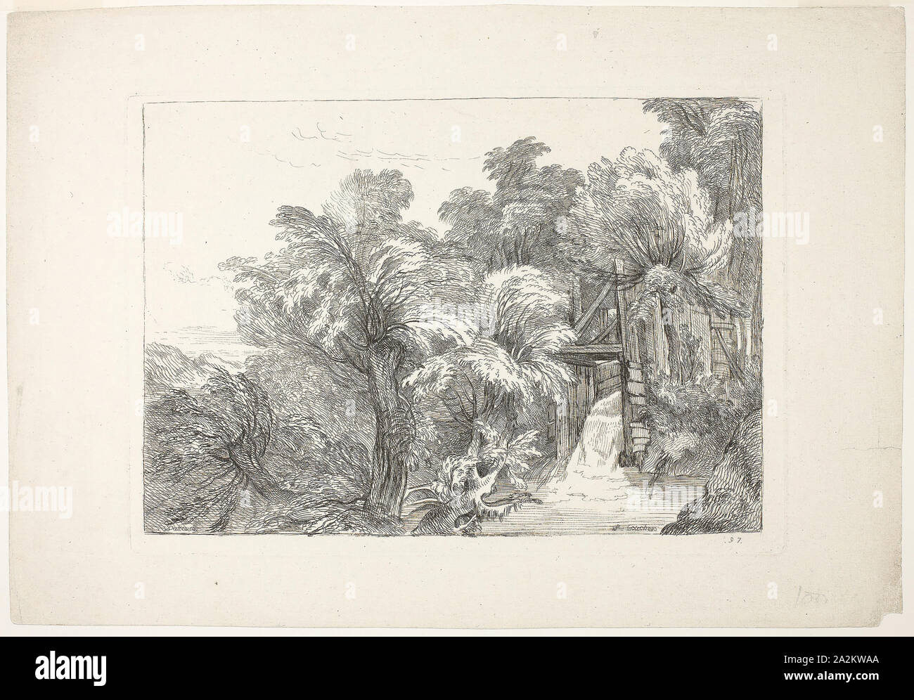 A Mill Lock in the Middle of Willows, plate 97 from Figures de différents caractères, de Paysages, et d’Etudes dessinées d’après nature (Figures of Different Characters, Landscapes, and Studies Drawn from Nature), 1726, François Boucher (French, 1703-1770), after Jean Antoine Watteau (French, 1684-1721), France, Etching on ivory laid paper, 215 × 308 mm (image), 230 × 328 mm (plate Stock Photo