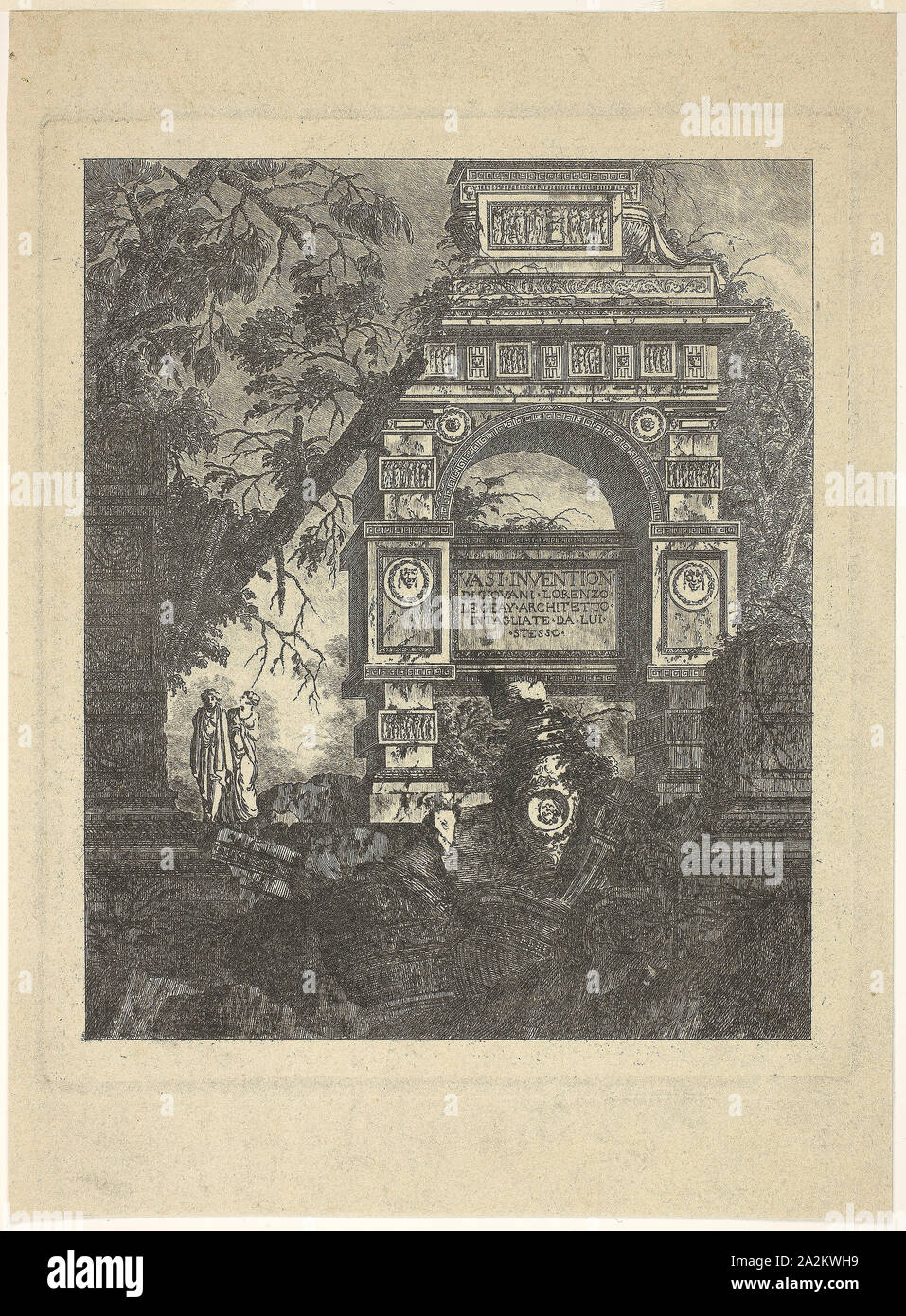 Frontispiece, plate one from Vasi Invention, 1768, published 1770, Jean-Laurent Legeay, French, 1710-1786, France, Etching with drypoint on tan laid paper, 226 × 186 mm (image), 248 × 208 mm (plate), 309 × 228 mm (sheet Stock Photo