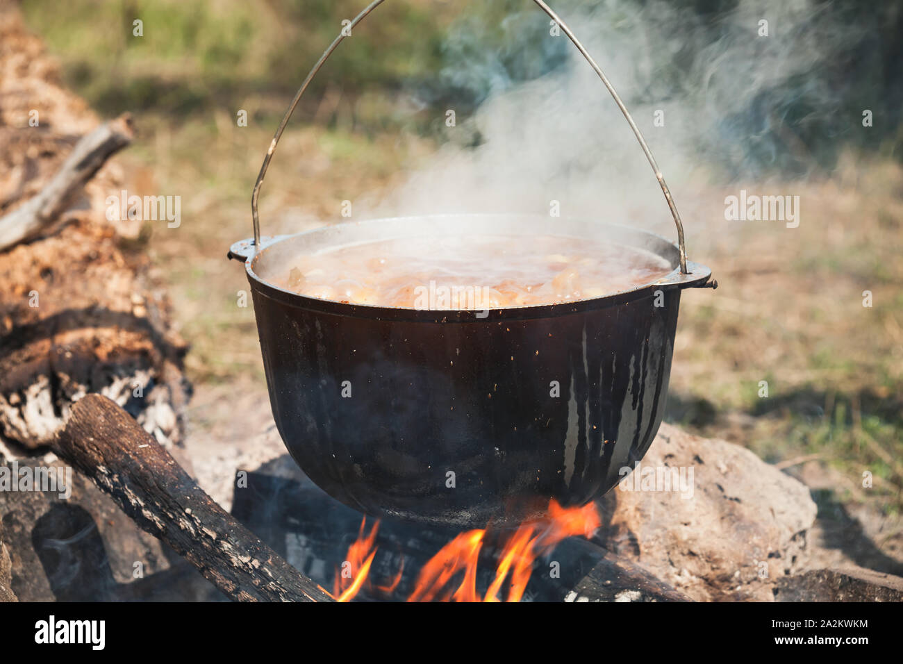 Cooking a soup with vegetables in a cauldron on open fire, camping meal Stock Photo