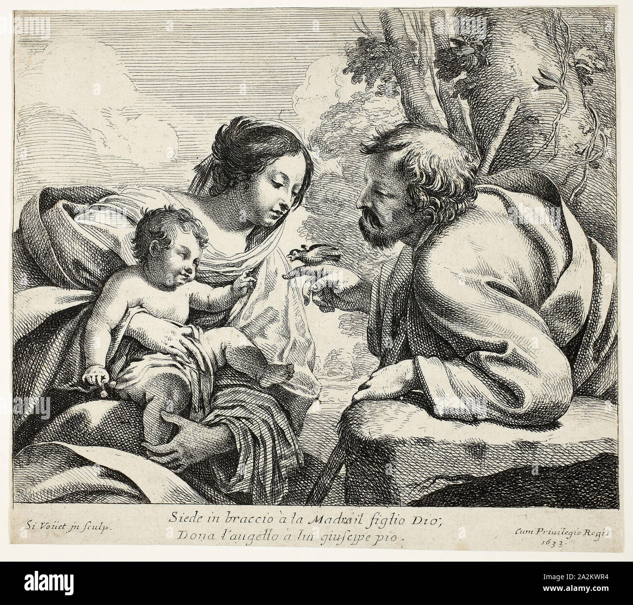 Holy Family With a Bird, 1633, Simon Vouet, French, 1590-1649, France, Etching with engraving on ivory laid paper, 216 × 261 mm (image), 236 × 262 mm (sheet, trimmed within plate mark Stock Photo