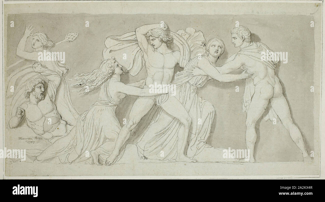 Amphion and Zethus Delivering their Mother Antiope from the Fury of Dirce and Lycus, 1789, John Flaxman, English, 1755-1826, England, Pen and gray ink and brush and gray wash, over graphite, on gray laid paper, laid down on ivory wove paper, 161 × 292 mm (primary support), 233 × 357 mm (secondary support Stock Photo