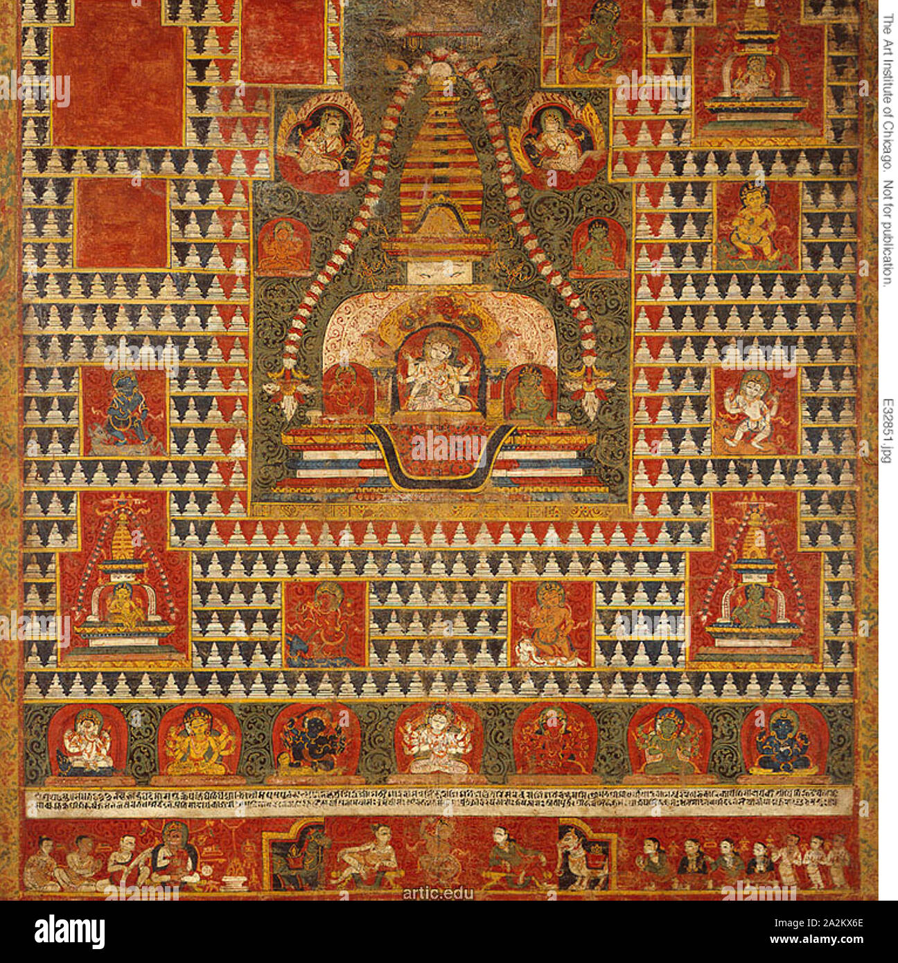 Painted Banner (paubha) of Goddess Ushnishavijaya Within a Funerary Mound (chaitya) and Surrounded by Chaityas, 1513, Nepal, Kathmandu Valley, Nepal, Opaque watercolor with gold on cotton, 58.2 × 57.2 cm (23 3/16 × 22 1/2 in Stock Photo