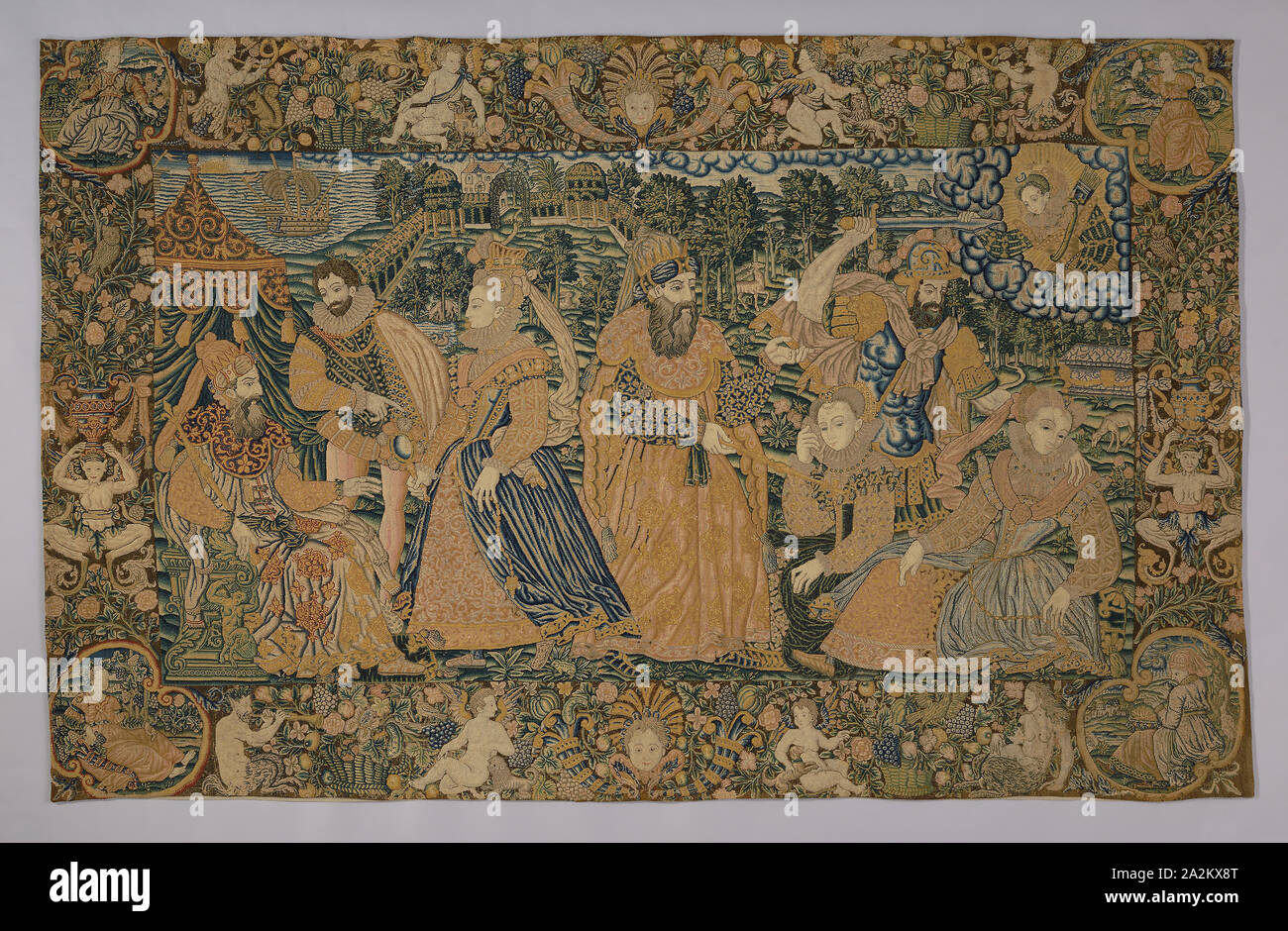 Hanging (Depicting the Story of Esther and King Ahasuerus) (Needlework), 1575/1600, France or England, France, Linen, plain weave, embroidered with silk and wool in tent and cross stitch, 185.4 × 297.18 cm (73 × 117 in Stock Photo