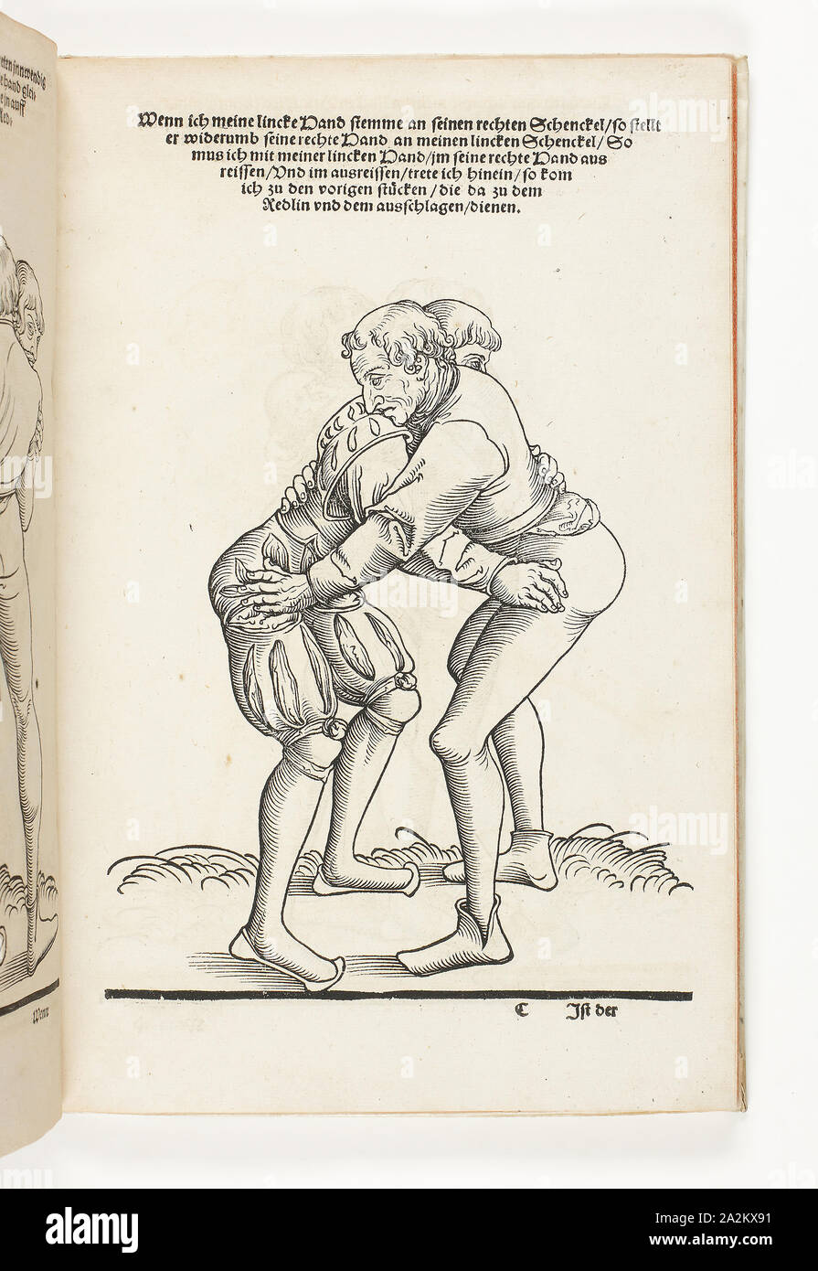 The Art of Wrestling: Eighty-Five Pieces (Ringer Kunst: Fünff und Achtzig Stücke), 1539, Lucas Cranach the Younger (German, 1515-1586), written by Fabian von Auerswald (German, born 1462), printed by Hans Lufft (German, 1495-1584), Germany, Book with woodcuts and letterpress in black on cream laid paper, 301 × 195 × 16 mm Stock Photo