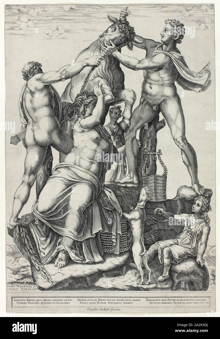 The Farnese Bull with Dirce, Zethus and Amphion, 1581, Diana Scultori, Italian, c. 1536–c. 1590, Italy, Engraving in black on ivory laid paper, 369 x 272 mm (image), 398 x 272 (sheet, timed within plate mark Stock Photo