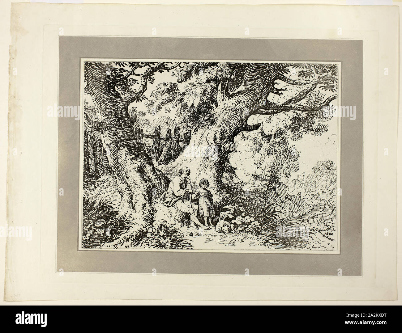 Old Trees with Old Man, a Girl, and a Dog, from the first issue of Specimens of Polyautography, 1802, published 1803, Richard Corbould (English, 1757–1831), published by Philipp André (German, active London, 1800–1805) and James Heath (English, 1757–1834), United Kingdom, Lithograph in black on cream wove paper, tipped onto mount with aquatint border in gray on cream wove paper, 235 x 230 mm (image/primary support), 373 x 492 mm (secondary support Stock Photo