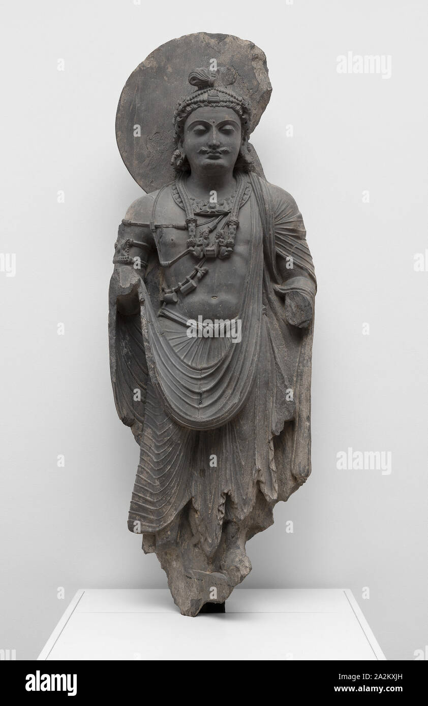 Standing Bodhisattva with Human-Figure Necklace, Kushan period, 2nd/3rd century, Present-day Pakistan, Ancient region of Gandhara, Gandhara, Phyllite, 150.5 × 53.3 × 19 cm (59 1/4 × 21 × 7 1/2 in Stock Photo