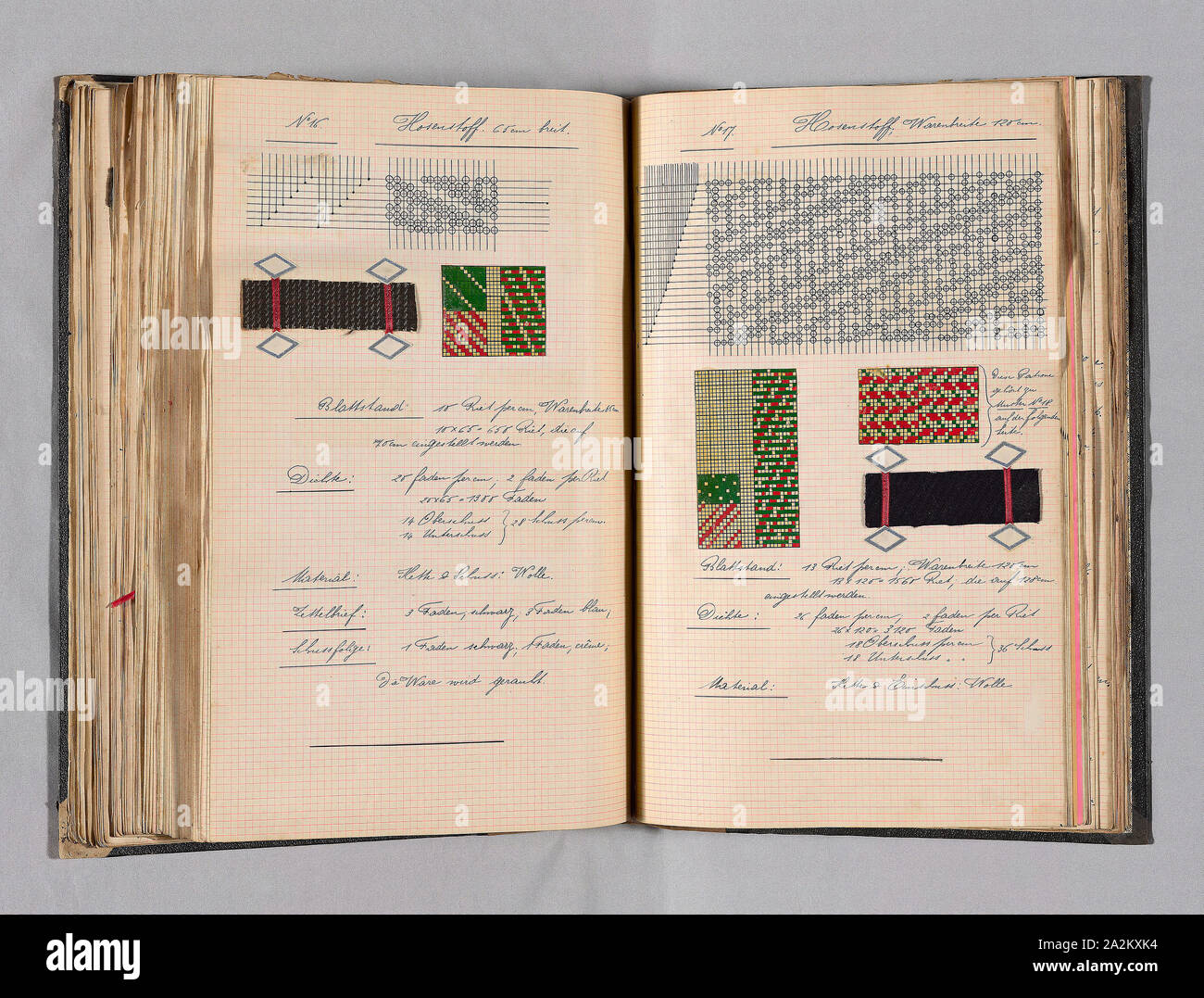 Student Notebook Containing Notes, Diagrams and Swatches, c. 1898–1900, Alfred Fehr (Switzerland, 1879-1955), Germany, Bound notebook of technical notes and weave samples: fabrics for clothing and mixed goods, ribbed and twill cottons, and jacquard, 176 pages, 38.7 x 27.3 x 6.7 cm (15 1/4 x 10 3/4 x 2 5/8 in Stock Photo
