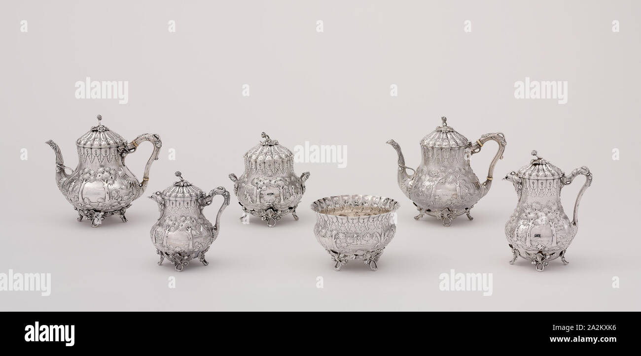 Tea Service, 1850, Gorham & Thurber, American, 1850–52, Providence, Rhode Island, Silver, Coffeepot: 21 × 15.9 × 12.1 cm (8 1/4 × 6 1/4 × 4 3/4 in.), Teapot: 22 × 23.9 × 14.6 cm (8 5/8 × 9 3/8 × 5 3/4 in.), Sugar bowl: 18.4 × 16.2 × 16.2 cm (7 1/4 × 6 3/8 × 6 3/8 in.), Creamer: 17.2 × 14.9 × 11.4 cm (6 3/4 × 5 7/8 × 4 1/2 in.), Waste bowl: 11.4 × 16.2 × 16.2 cm (4 1/2 × 6 3/8 × 6 3/8 in Stock Photo