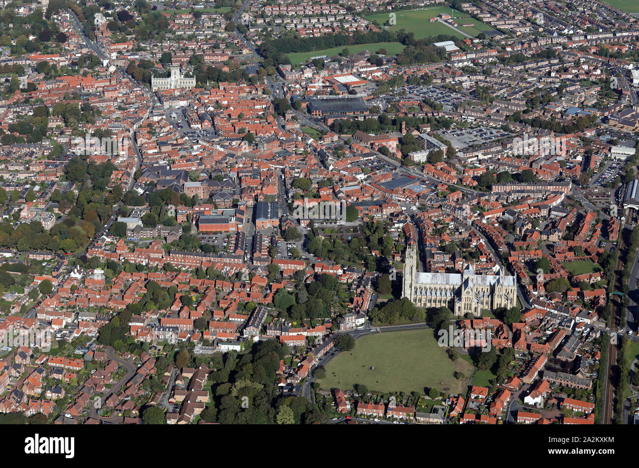 aerial view of Beverley, East Yorkshire showing both Beverley Minster and St Marys Church, UK Stock Photo