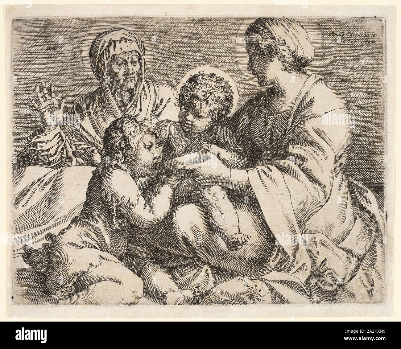 Madonna and Child with Saints Elizabeth and John the Baptist, 1606, Annibale Carracci, Italian, 1560-1609, Italy, Engraving and etching in black on ivory laid paper, 125 x 162 mm (image/plate), 135 x 169 mm (sheet Stock Photo