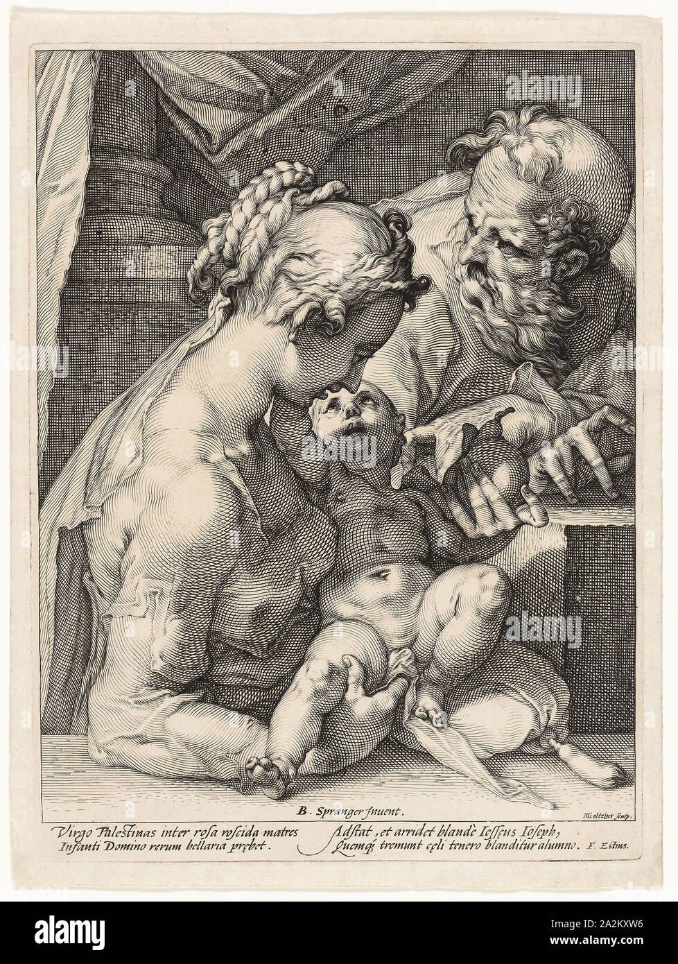 The Holy Family, c. 1589, Hendrick Goltzius (Dutch, 1558-1617), after Bartholomaeus Spranger (Flemish, 1546–1611), Netherlands, Engraving in black on laid paper, 271 × 210 mm (image), 286 × 215 mm (plate), 304 × 229 mm (sheet Stock Photo