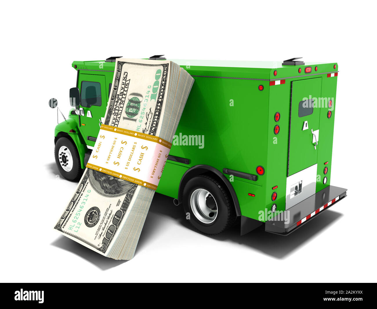 Modern transport concept stack of dollars in green cargo bank with armored car, side view 3d render on white background with shadow Stock Photo