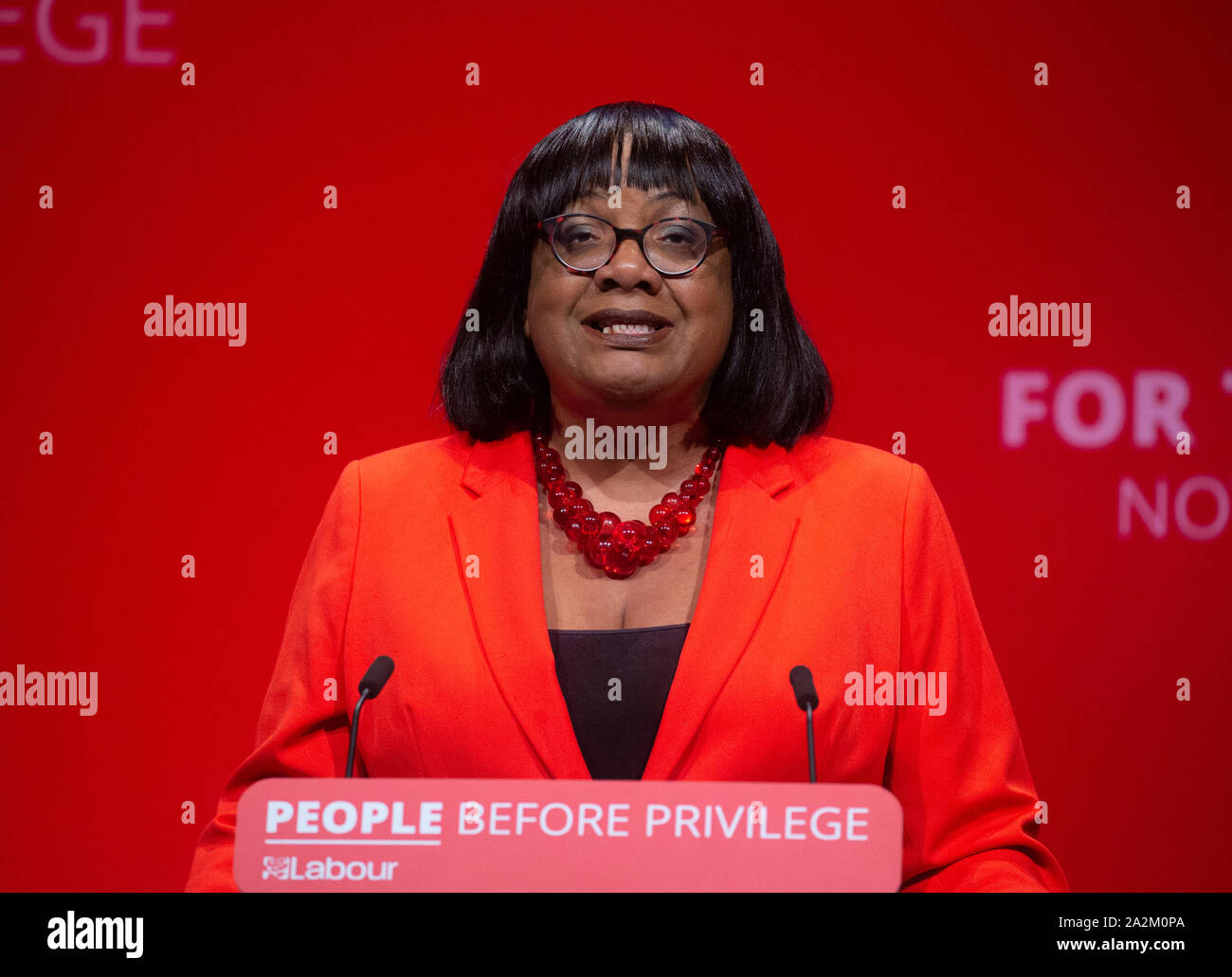 Diane Abbott, Shadow Home Secretary and MP for Hackney North and Stoke Newington gives her keynote speech at the Labour Party Conference in Brighton. Stock Photo