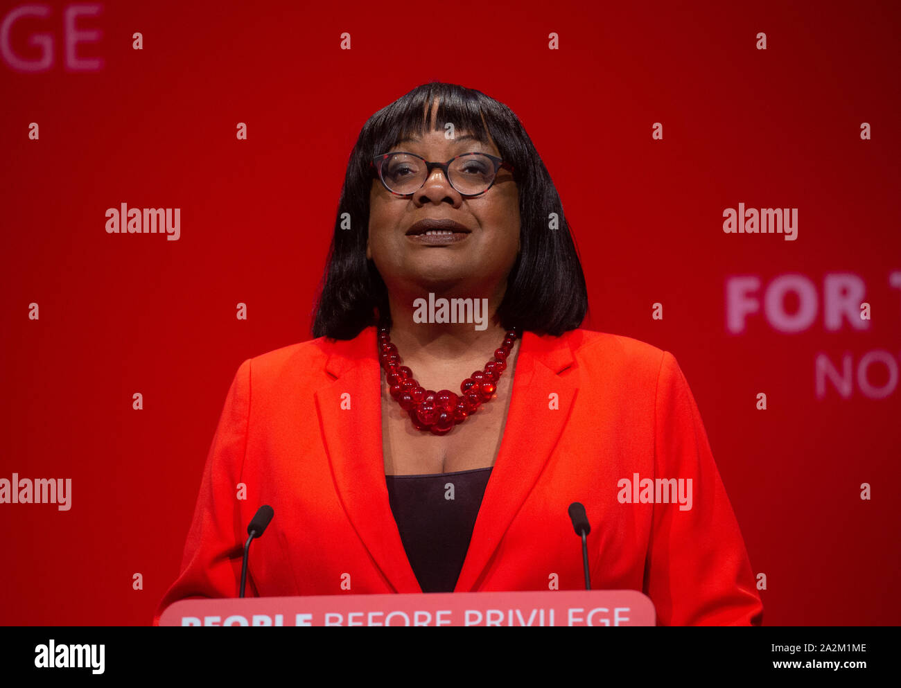 Diane Abbott, Shadow Home Secretary and MP for Hackney North and Stoke Newington gives her keynote speech at the Labour Party Conference in Brighton. Stock Photo