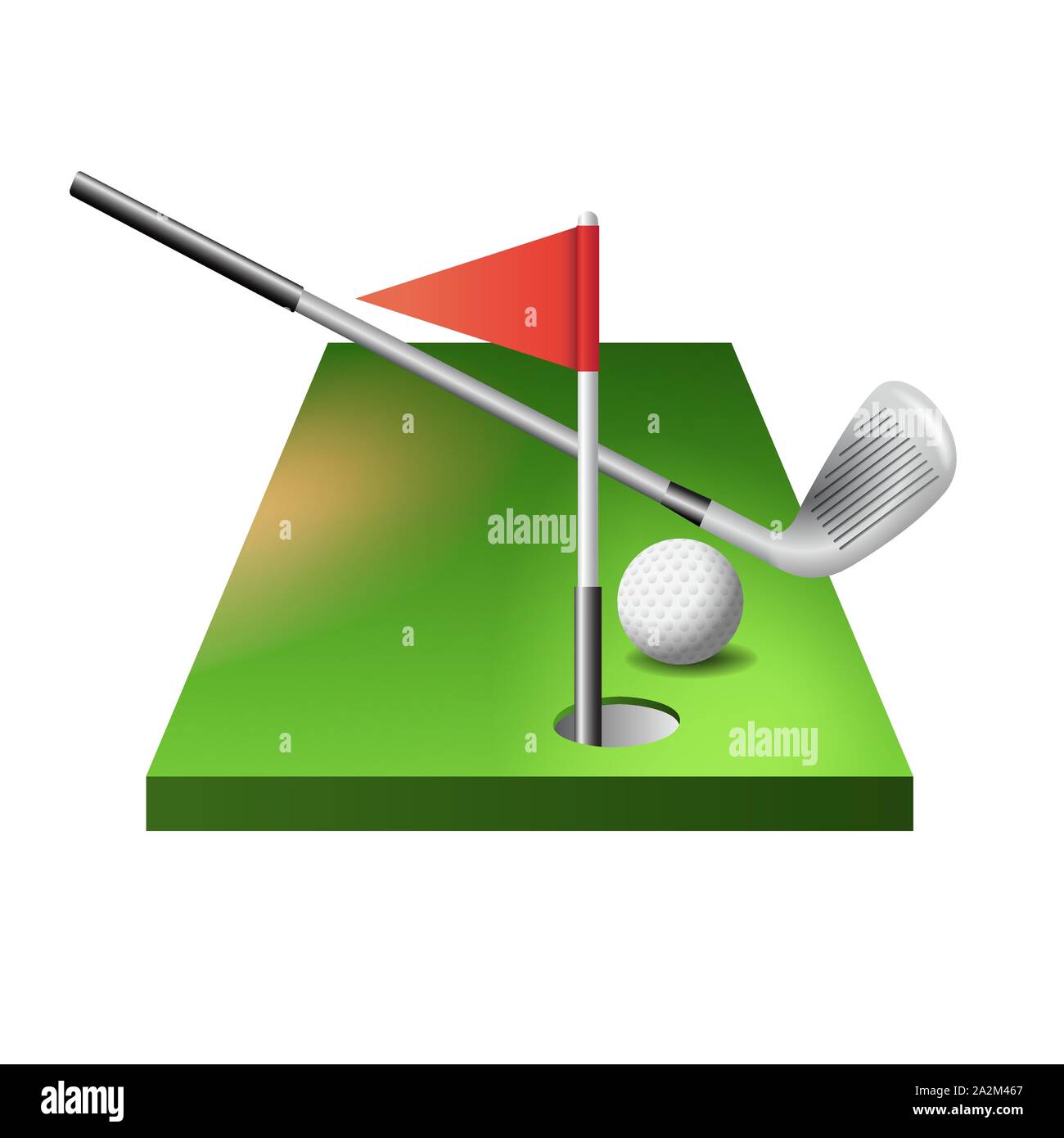 3d golf course with club, ball and red flag in hole isolated on