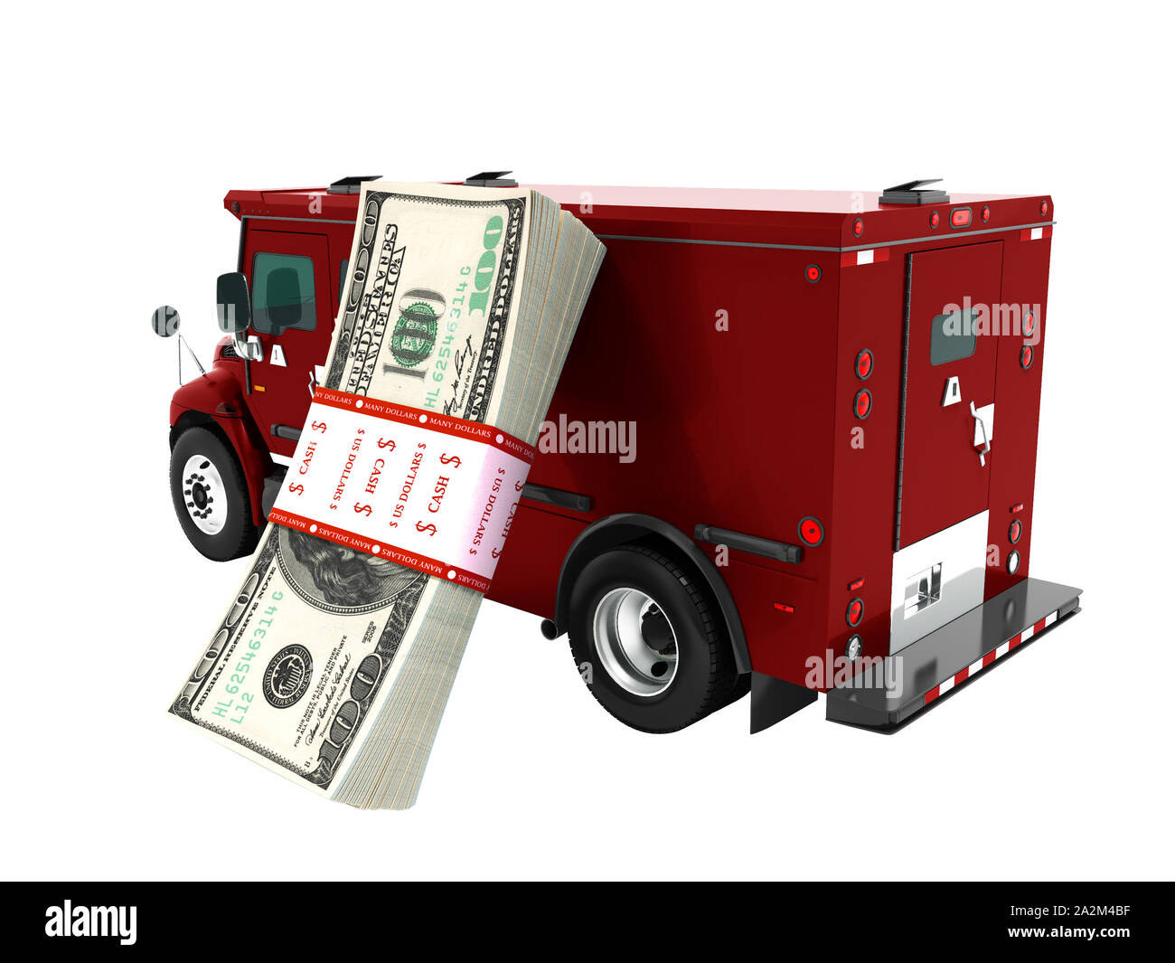 Modern transport concept stack of dollars in red cargo bank with an armored car, side view 3d render on white background no shadow Stock Photo