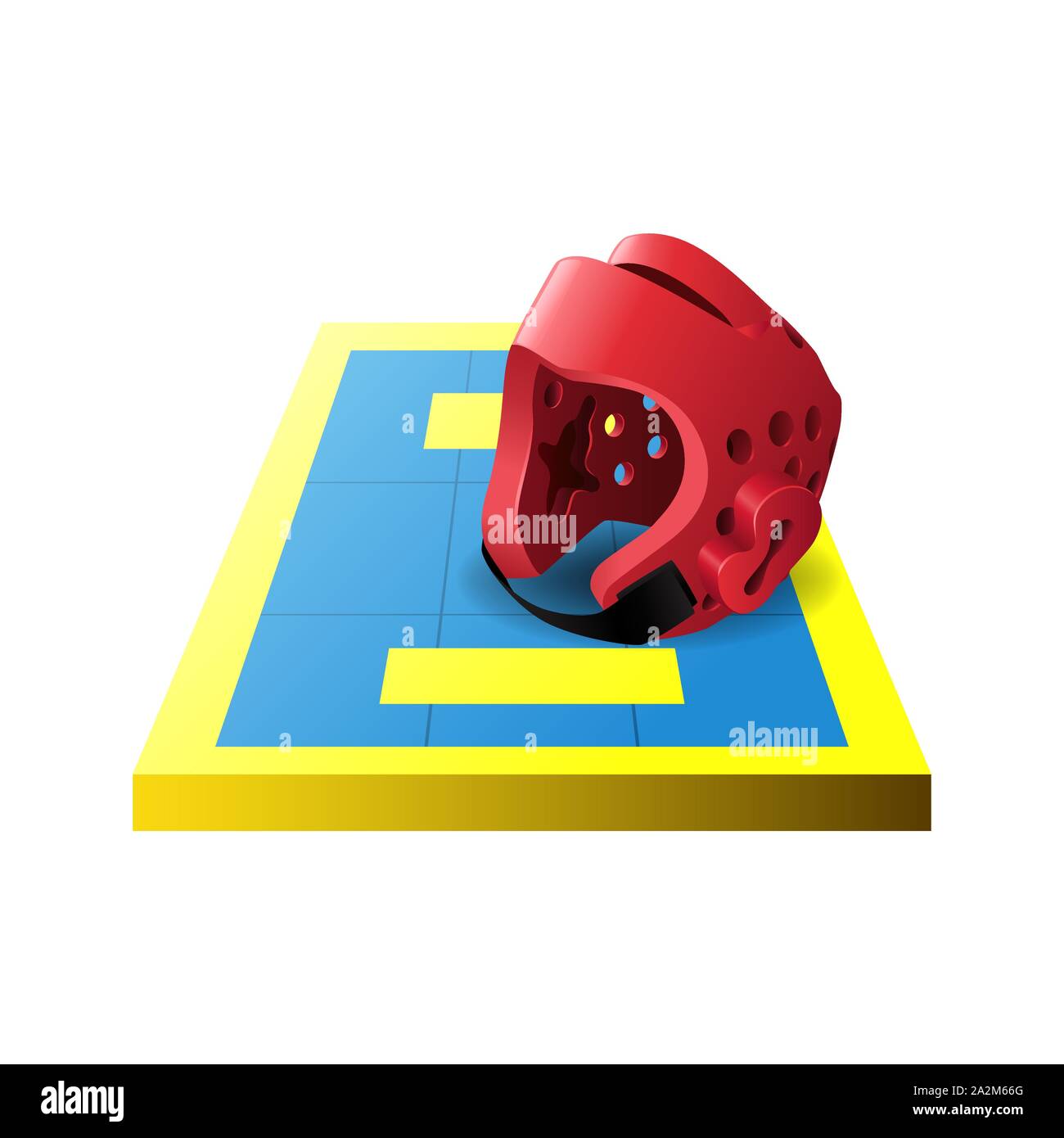 3d colorful taekwondo tatami, mat and red helmet icon isolated on white background, vector illustration Stock Vector