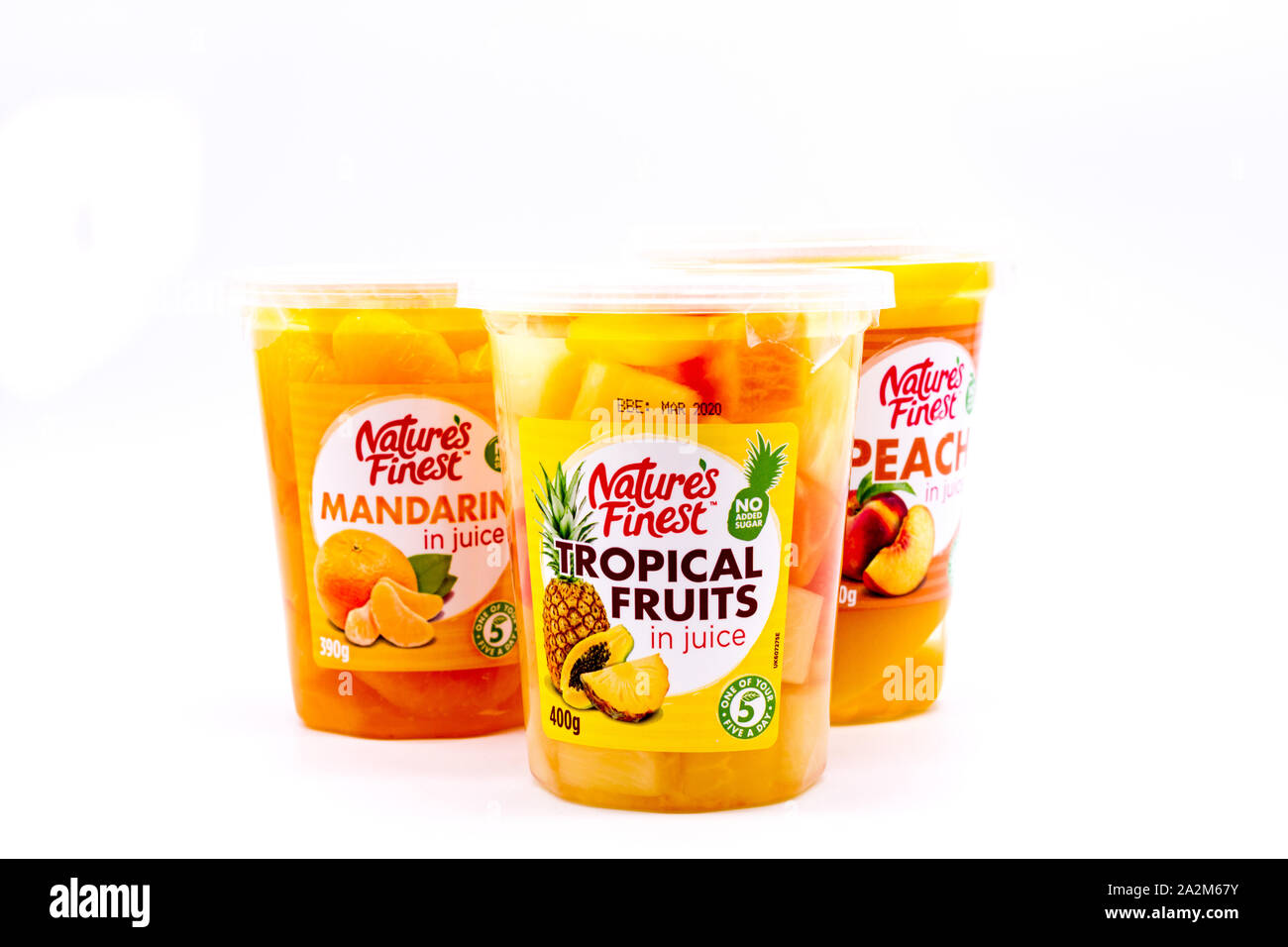 Three cartons of 'Natures Finest' fruits in juice. 'one of your five a day'. '1 of your 5 a day'. UK Stock Photo