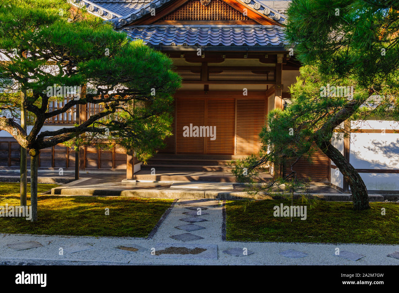 Evening impressions of Ginkaku-ji (Temple of silver pavillion) with its wonderful garden in beautiful shining autumn colours, Kyoto Japan Stock Photo