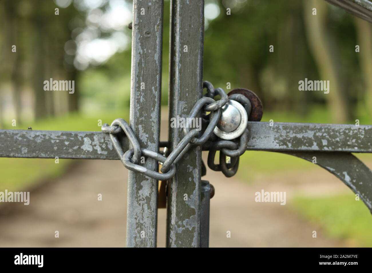 A metal gate chained closed. Stock Photo
